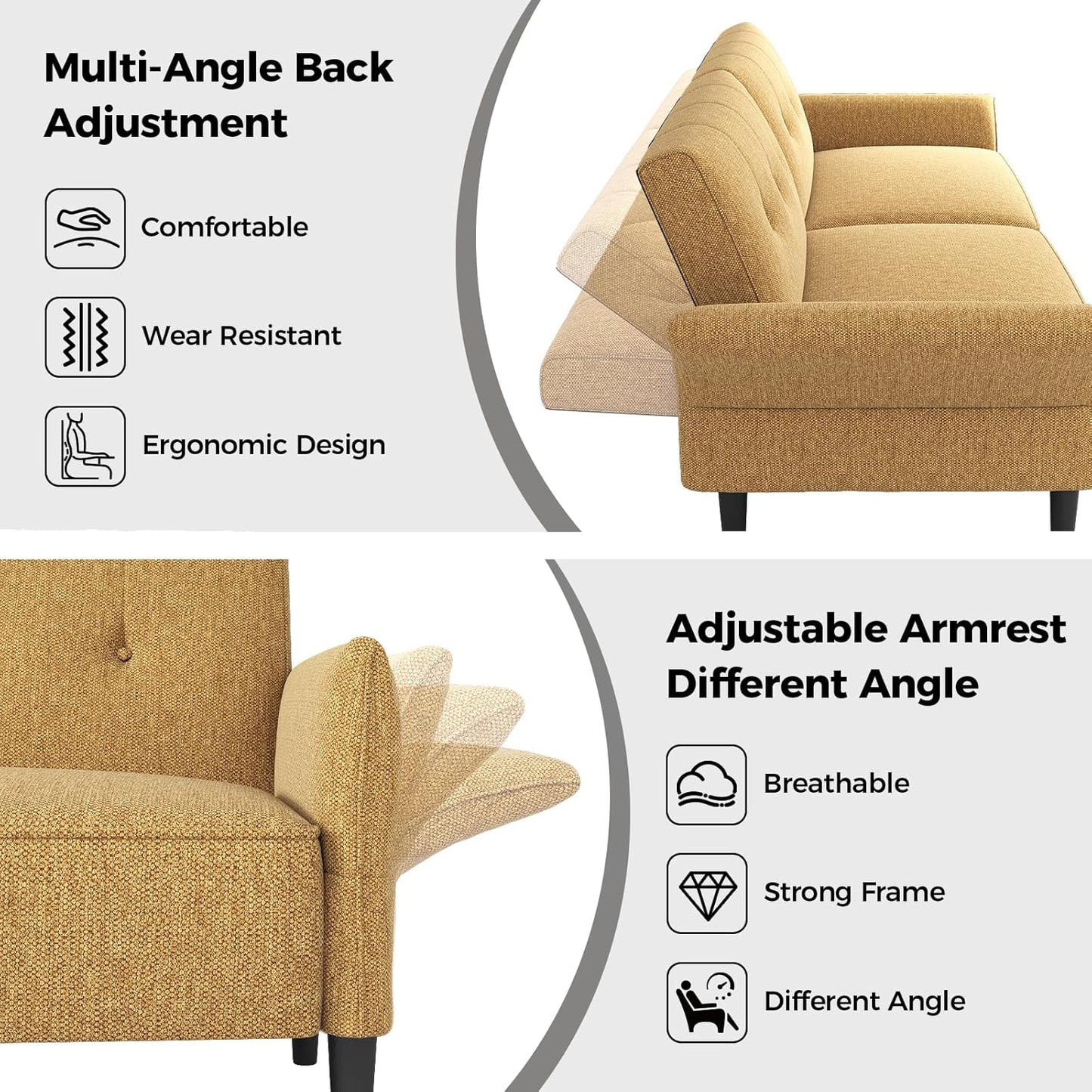 89” Futon Sofa Bed, Linen Comfy Futon Couch Bed with 2 Square Pillows, Convertible Sleeper Sofa with Adjustable Backrest& Armrests, Modern Loveseat Sleeper for Living Room, Bedroom, Yellow