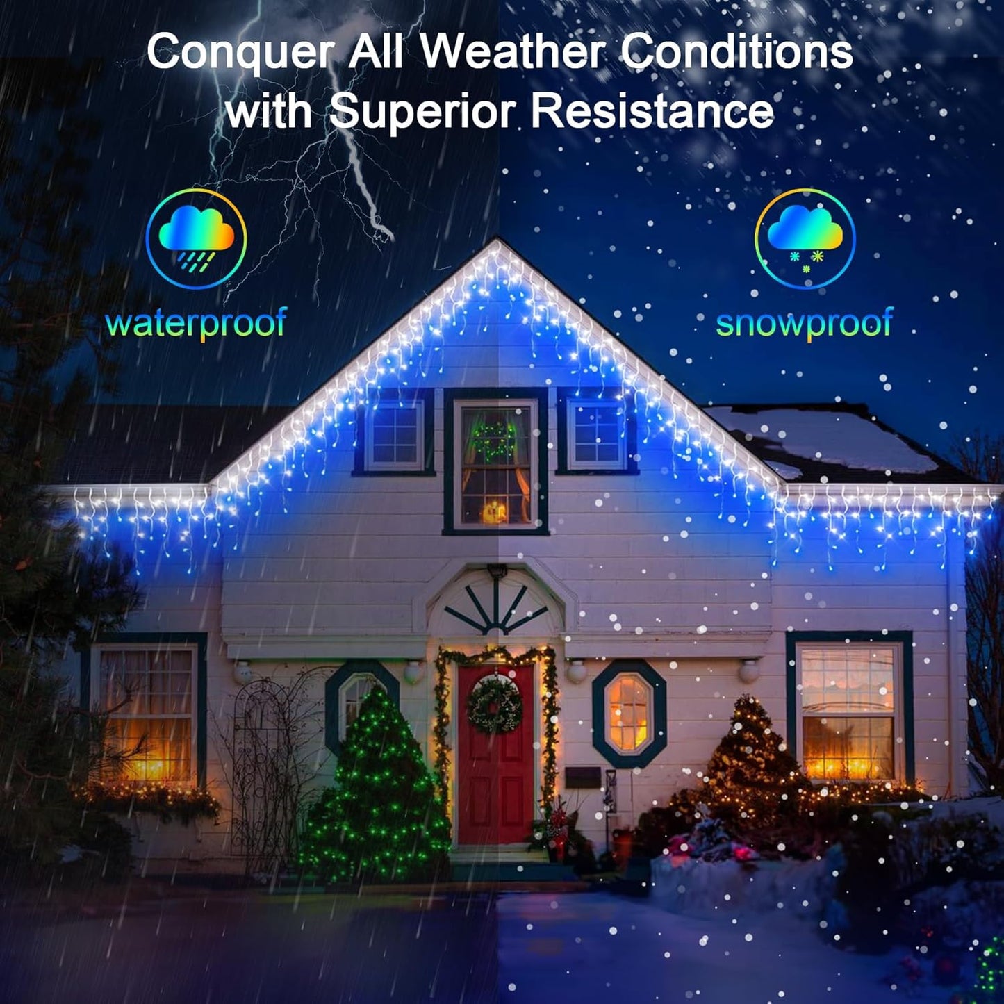 66FT 666 LED Outdoor Christmas Lights - 148 Ice Drops, 12 Pro Modes with Timer Memory & Brightness, Waterproof Hanging Ice String Light for Holiday Wedding Garden Fence House Decor (White & Blue)