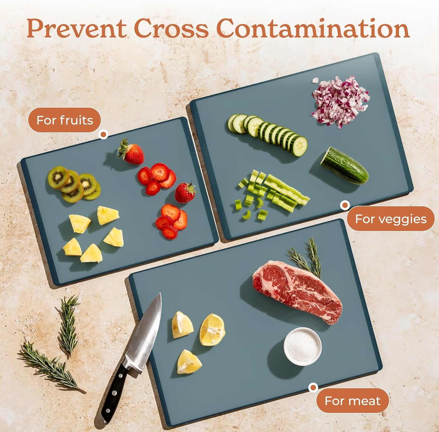 SMIRLY Plastic Cutting Board Set with Holder 4 Pieces, Non-Slip Dishwasher Safe Chopping Boards for Kitchen, Blue