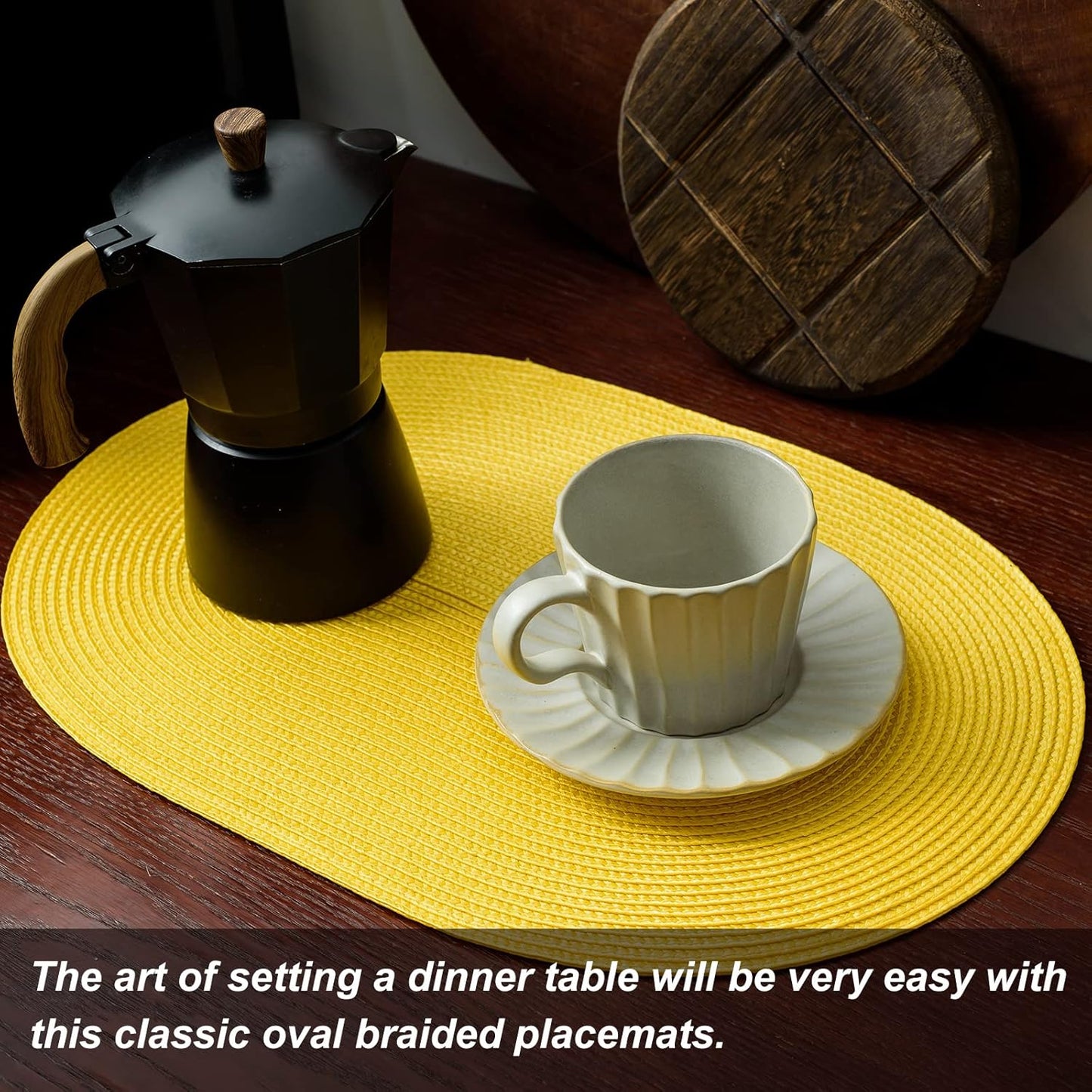 AHHFSMEI Placemats Set of 4 for Dining Table Washable Woven Vinyl Non-Slip 18x12 inches Placemat Heat-Resistant Durable Table Mats for Dining Table Easy to Clean (Oval Yellow, 4)