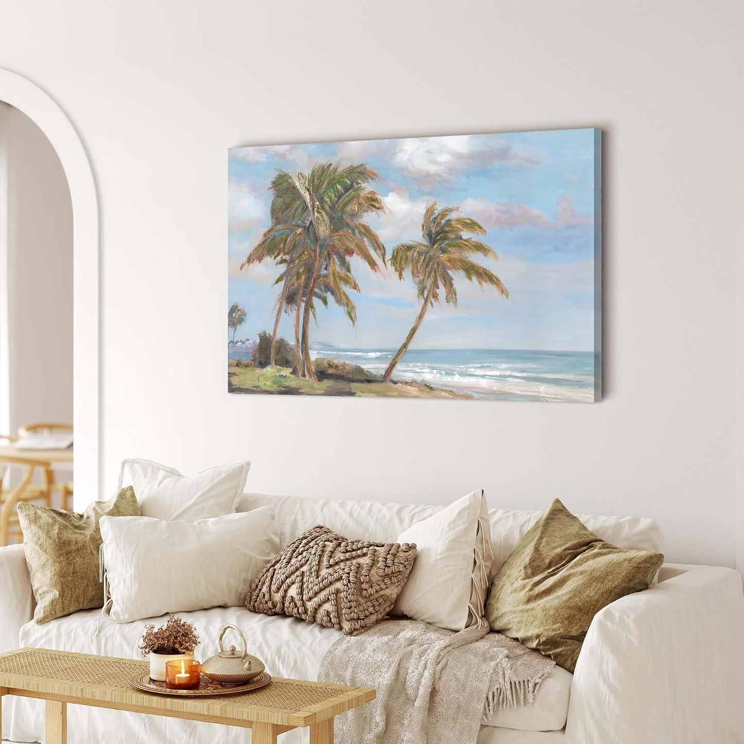 cozy country Palm Tree Wall Art 45"x30" - Coastal Pictures Beach Canvas Ocean Decor - Nautical Artwork Seascape Hand Painting for Living Room, Bedroom, Sea House