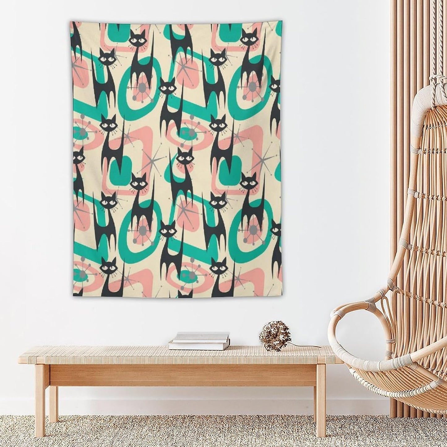 ICMOLYYENLO Boho Medieval Cat Tapestry, Abstract Atomic Starburst Geometric Aesthetic Art Wall Hanging For Bedroom Living Room Dormitory 40x60 Inches