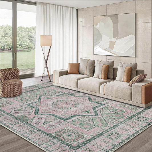 DCX Washable 8x10 Area Rug, Soft Machine Washable Non Slip with Rubber Backing Vintage Rug, Kid & Pet Friendly Living Room Area Rugs 8x10, Foldable Rugs for Bedroom Dining Room Office-Pink & Green
