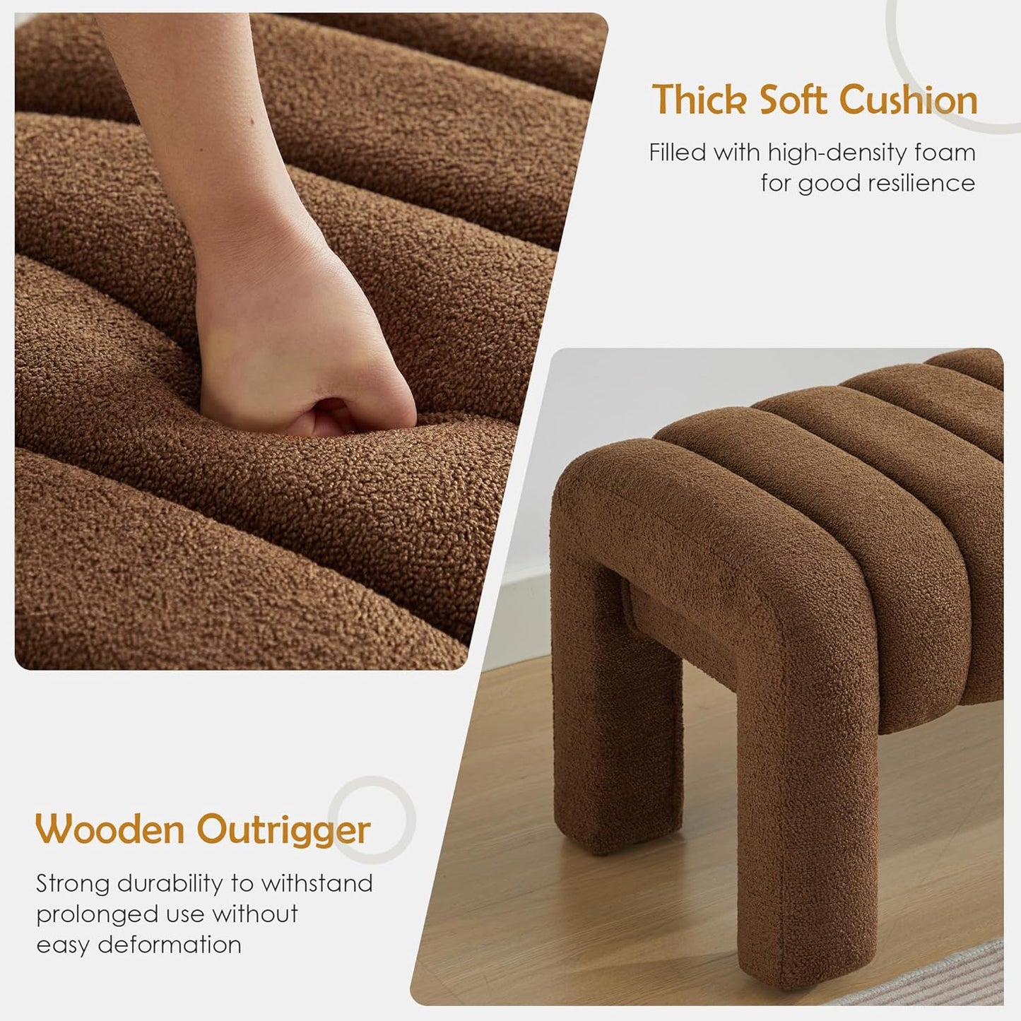 63" Bedroom Bench, Upholstered Entryway Bench, Modern End of Bed Ottoman with Solid Wood Legs and Adjustable Foot Pegs for Entryway, Dining Room and Living Room (Brown Boucle)