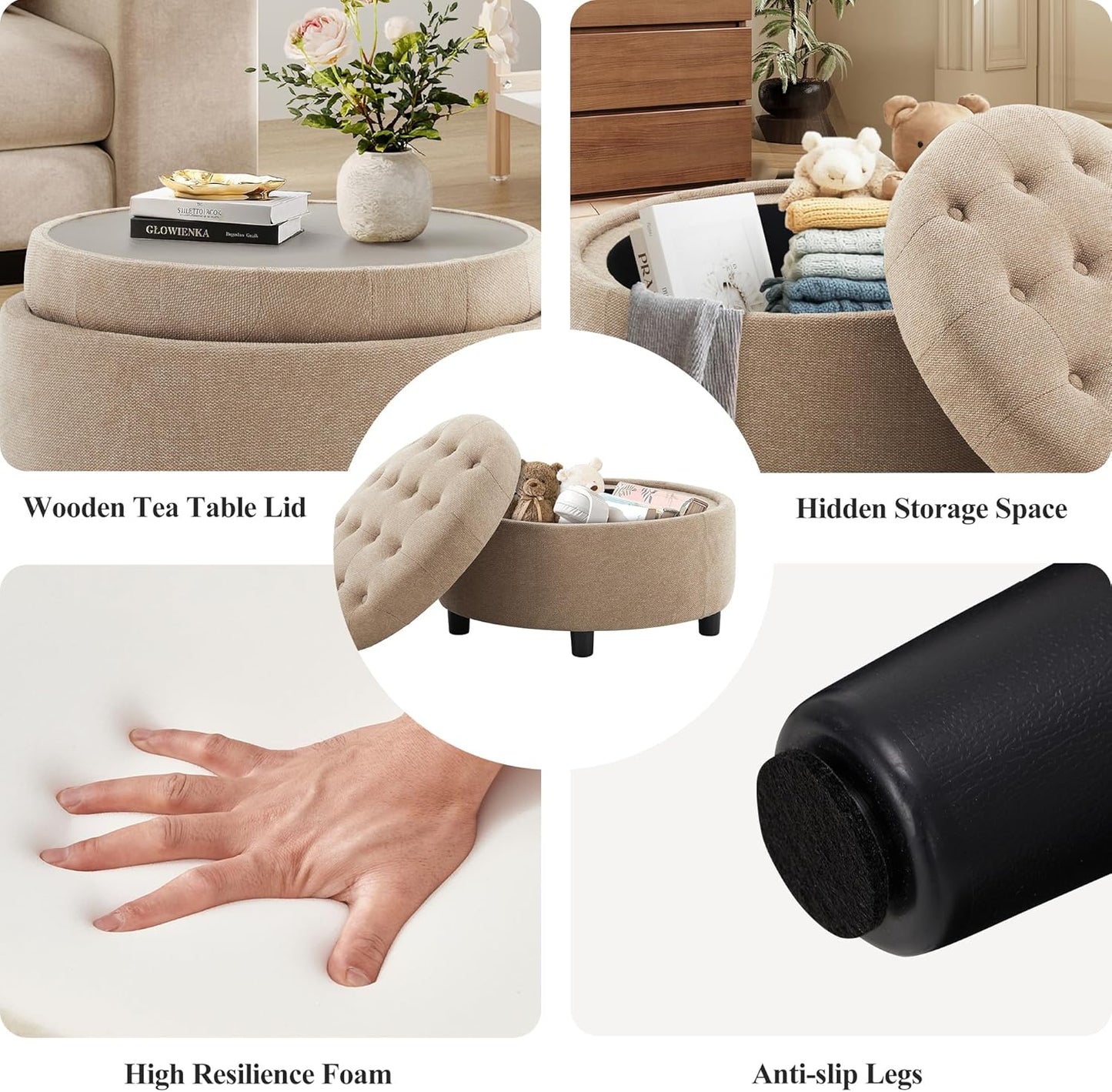 COLAMY Fabric Round Storage Ottoman with Reversible Tray Lid – Multi-Functional Footrest, Hidden Storage, Sturdy & Stylish Small Coffee Table for Living Room, Bedroom, or Entryway(Camel)