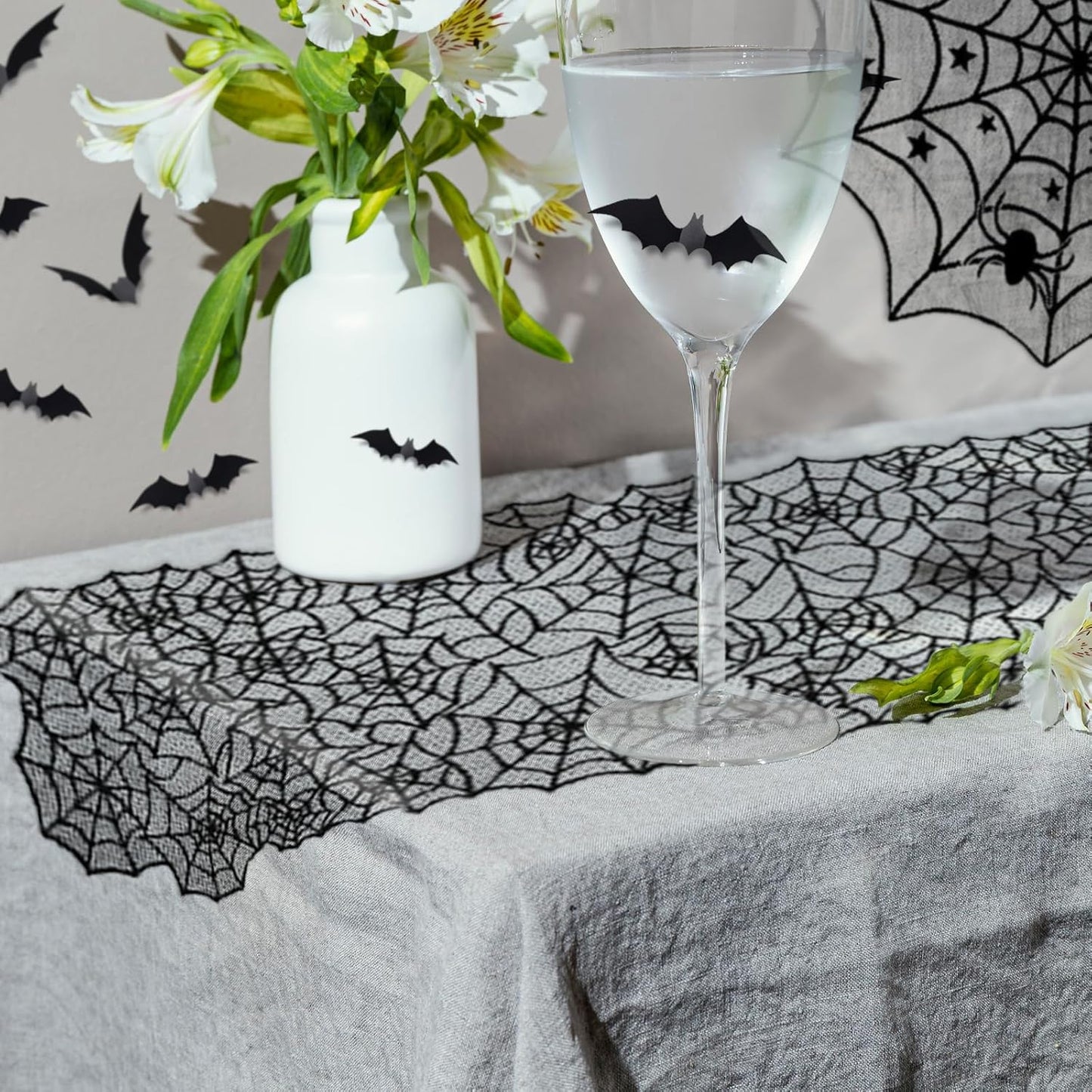 ZeeDix 39 Pcs Halloween Decorations Kit Black Lace Spiderweb Round Tablecloth Table Runner, Giant Spider Cobweb Fireplace Scarf with 36PCS Scary 3D Bats Wall Stickers for Halloween Party Decor