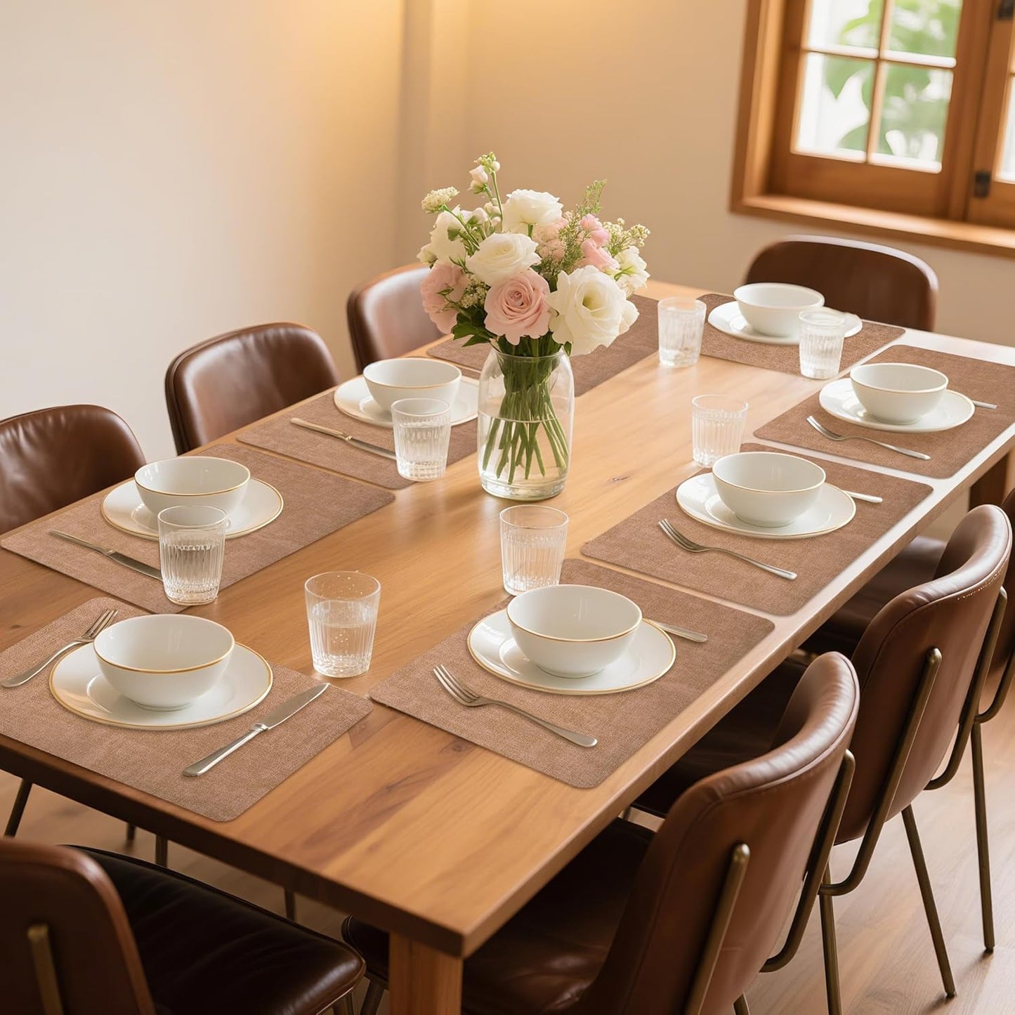 Maxpearl 8-Piece PU Leather Placemats – Durable, Heat Resistant & Wipeable Table Mats, Non-Slip and Waterproof Dining Place Mats for Kitchen or Patio Table, 17x12 Inches, Brown