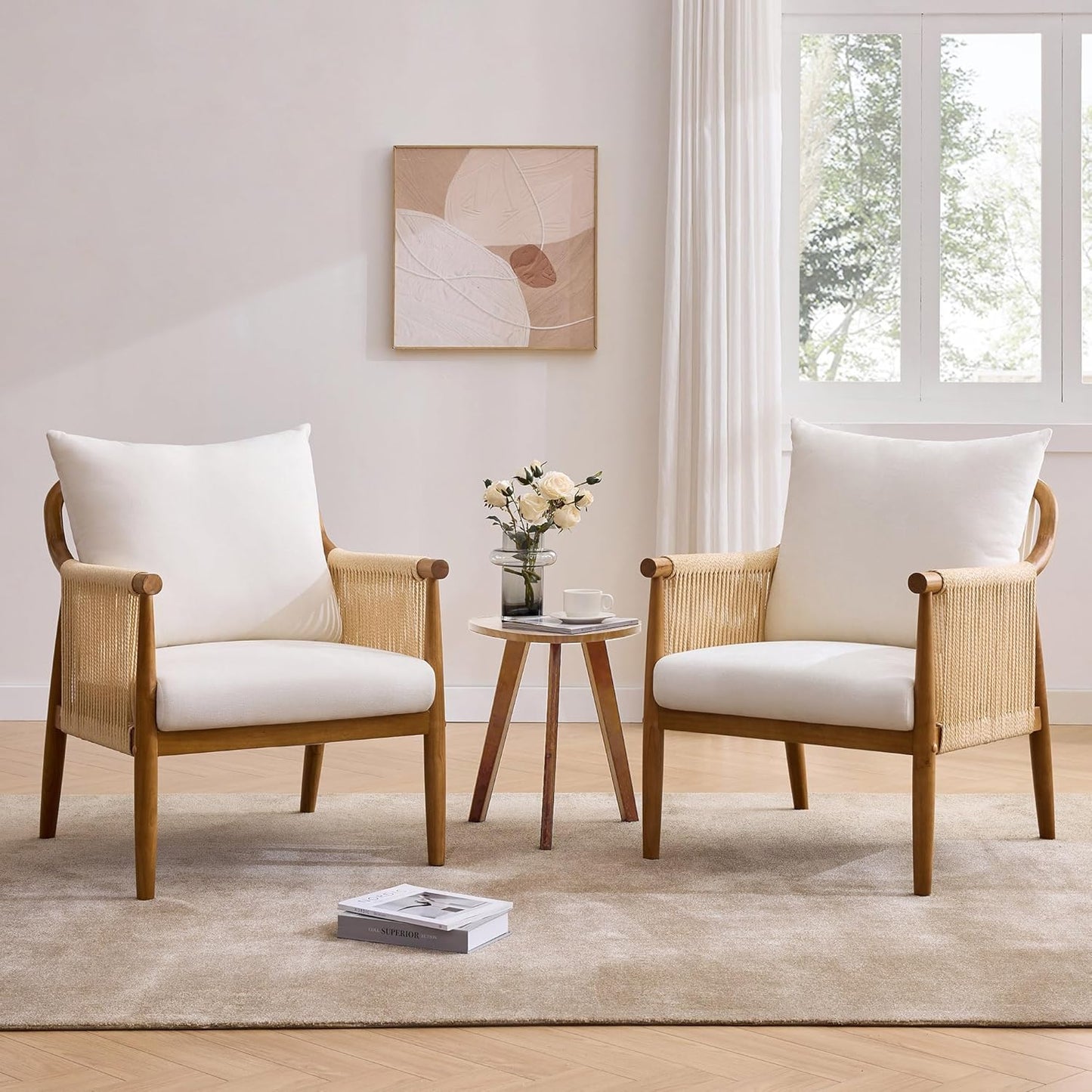 Braid Accent Chair for Living Room Bedroom Reading Room, Rattan Modern Boho Armchair with Solid Wooden Armrest & Frame and Cushions