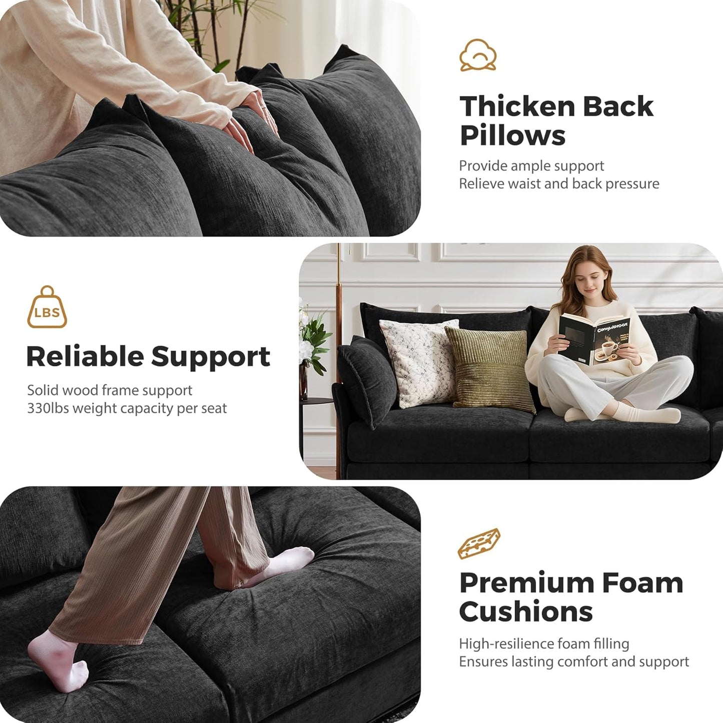 198.6" Oversized Modular Sectional Sofa, U Shaped Convertible Couch with Movable Ottoman, Large 10 Seats Corner Couches for Living Room Deep Seat Black Chenille