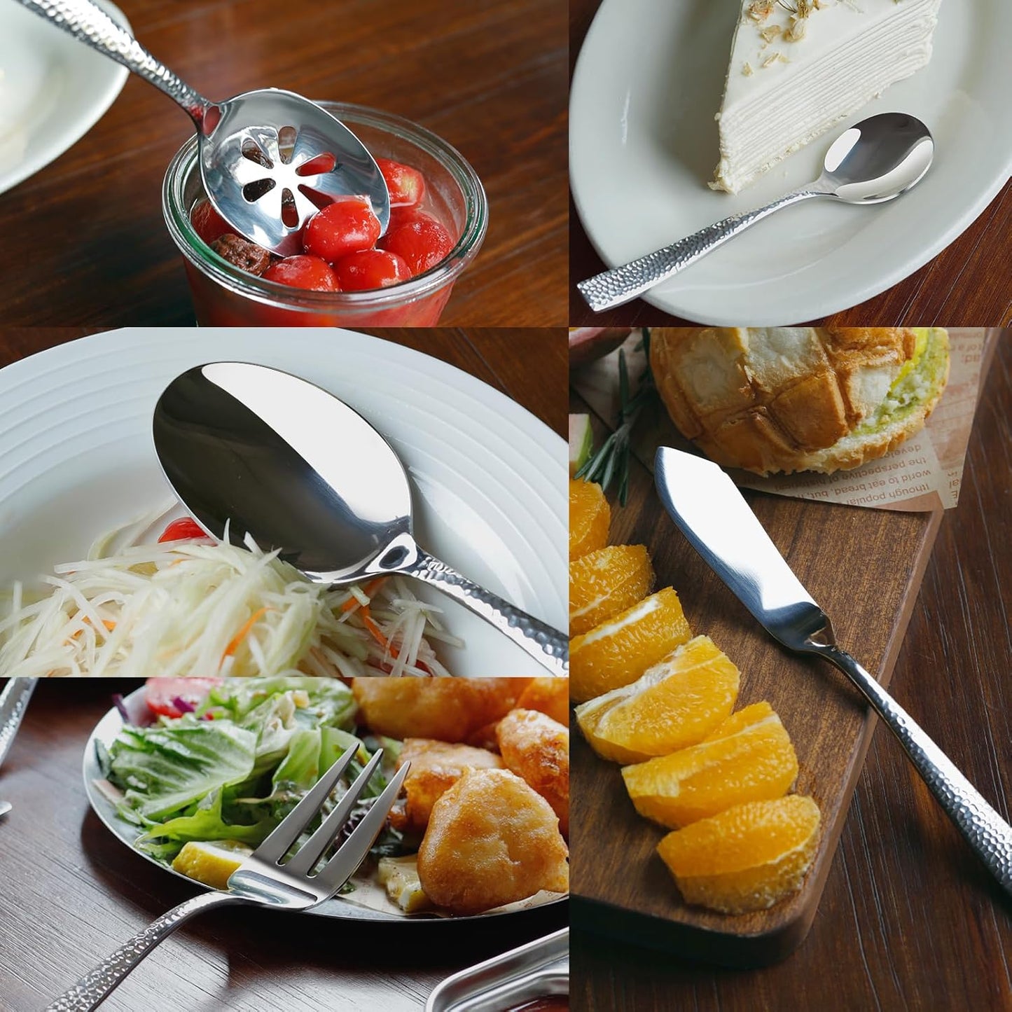 Silverware 45-Piece Silver Hammered Flatware Set with Serving Utensils Stainless Steel Thick Handle Mirror Polished Cutlery Set for Wedding Hotel Restaurant, Service for 8