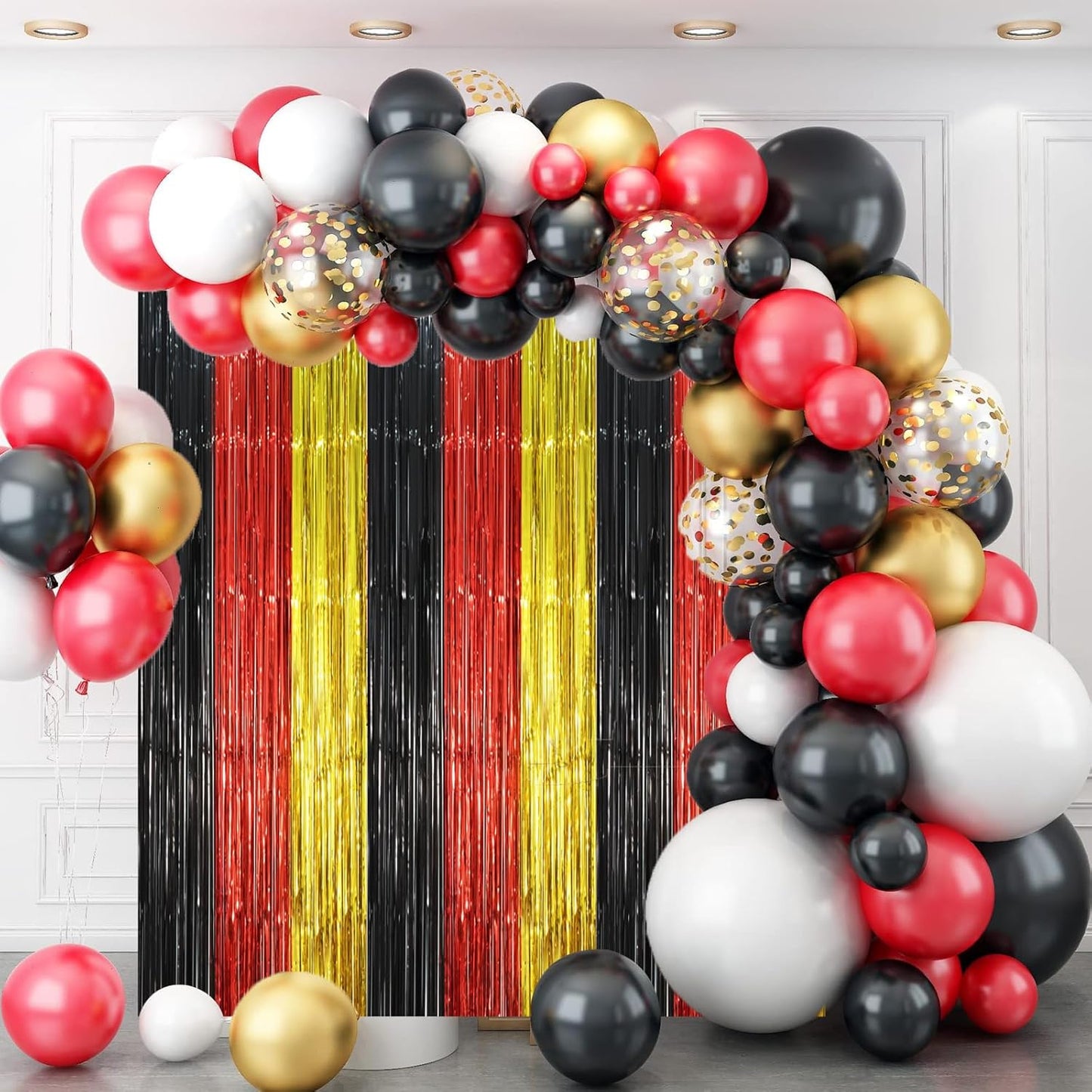 3 Pack 3.3 x 8.2 ft Red Black Gold Foil Fringe Backdrop Curtains, Tinsel Streamers Party Decorations, Fringe Backdrop, Door Shimmer for Thanksgiving Day or Birthday Party