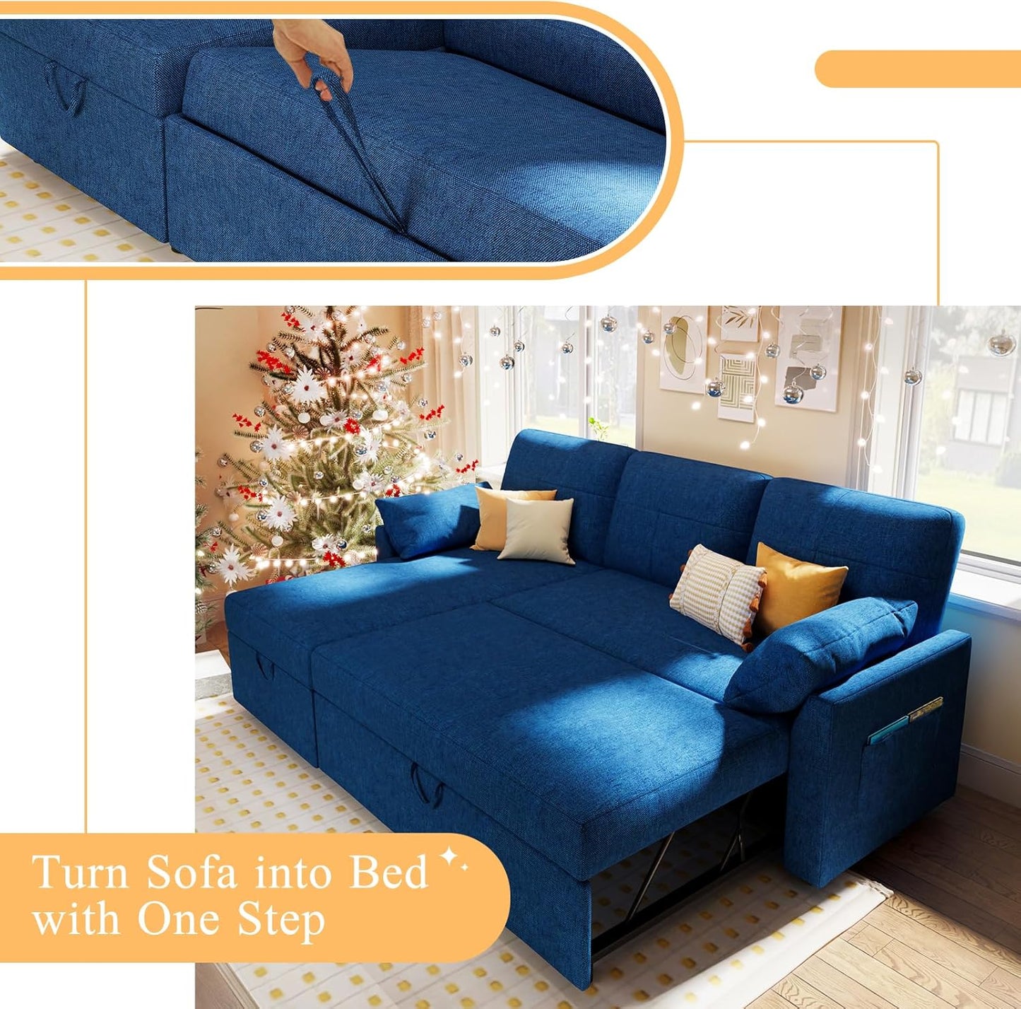 VanAcc Sleeper Sofa - 2 in 1 Pull Out Couch Bed with Storage Chaise for Living Room, Linen Blue