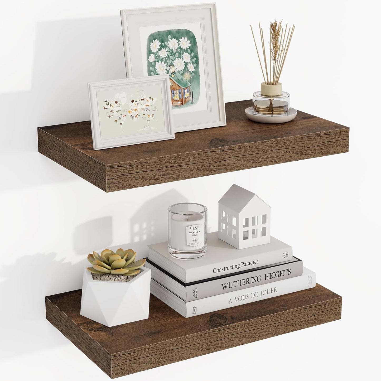 16 Inch Floating Shelves, 16"x9.25"x1.5" Inch Deep Floating Shelves for Wall, Wooden Shelves for Bathroom, Bedroom, Living Room, Brown