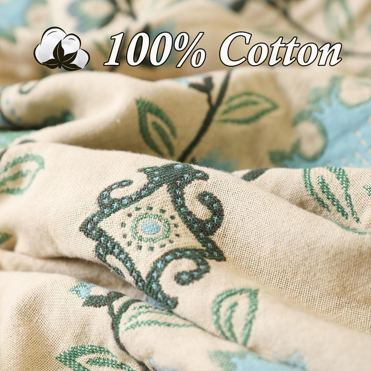 Snycler Boho Throw Blanket for Bed - 100% Cotton Ultra Soft Rustic Quilt - Blue Boho Floral Printed Farmhouse Decor Bed Blankets, 91"×98" All Season Rustic Throw for Sofa Couch Chair