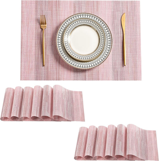 Leetaltree Misty Rose Placemats Set of 12 - Heat Resistant Non-Slip Place mats for Dining Table, Washable Durable PVC Vinyl Woven Table Mats（Misty Rose, 12）