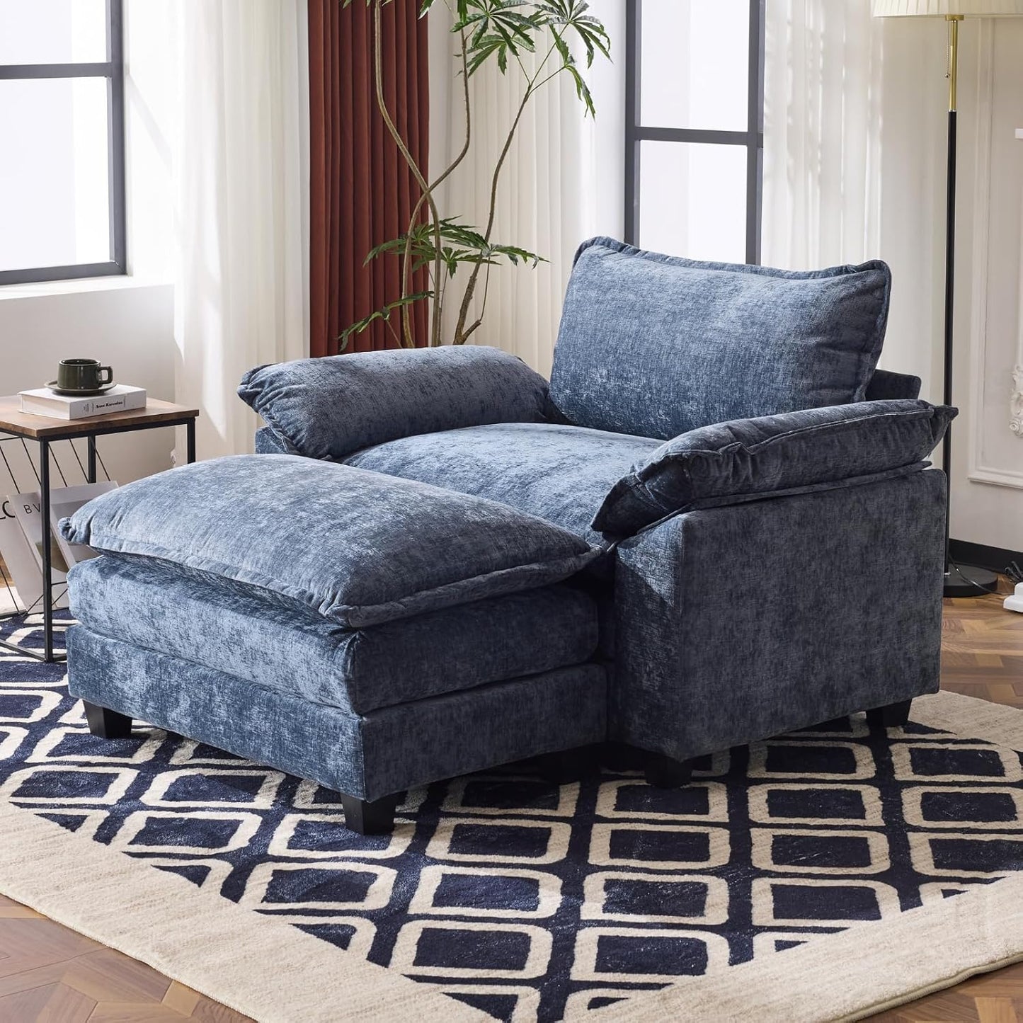 Karl home Oversized Accent Chair Chenille Sofa with Chaise, Modern Sofa Chair with Removable Ottoman Modular 1-Seater Couch and 2-Layer Ottoman for Living Room, Apartment, Studio, Dusty-Blue