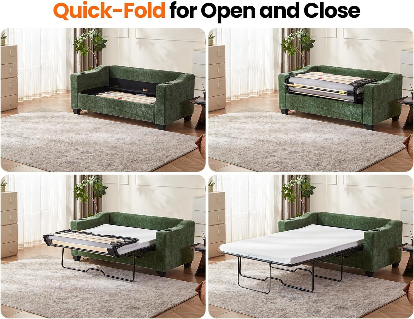 CHIC HOUSE Pull Out Sofa Bed, Full Size Sleeper Sofa, 2-in-1 Convertible Chenille Couch with USB Charging, Memory Form Couch for Living Room, Apartment & Small Space (Green, Chenille - Full)