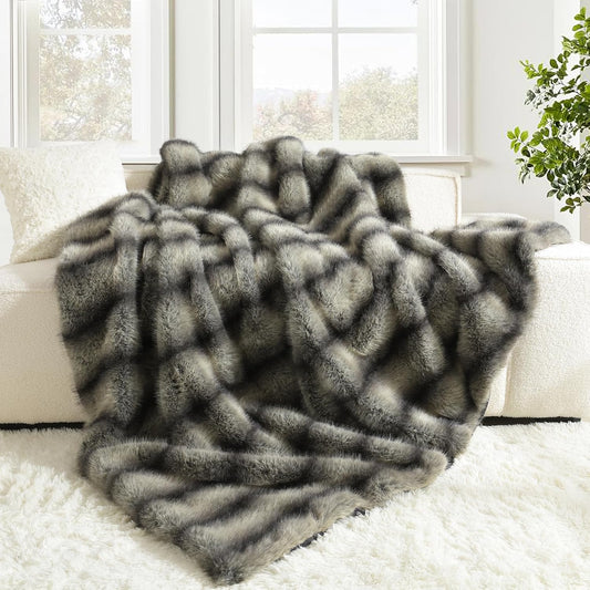 HORIMOTE HOME Luxury Faux Fur Throw Blanket, Non-Shedding 60"x80" Fur Blanket Throw, Ultra Soft Blankets for Bed, Couch and Sofa, Premium Soft, Thick Fluffy Throws, Gray Black Stripes