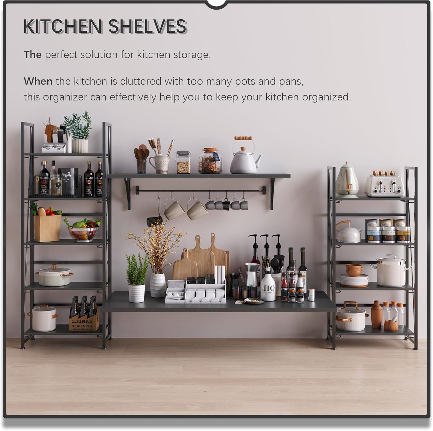 4NM No Assembly Foldable Bookshelf, 5-Shelf Collapsible Bookcase Storage for Small Spaces, 62.2" H, All Black