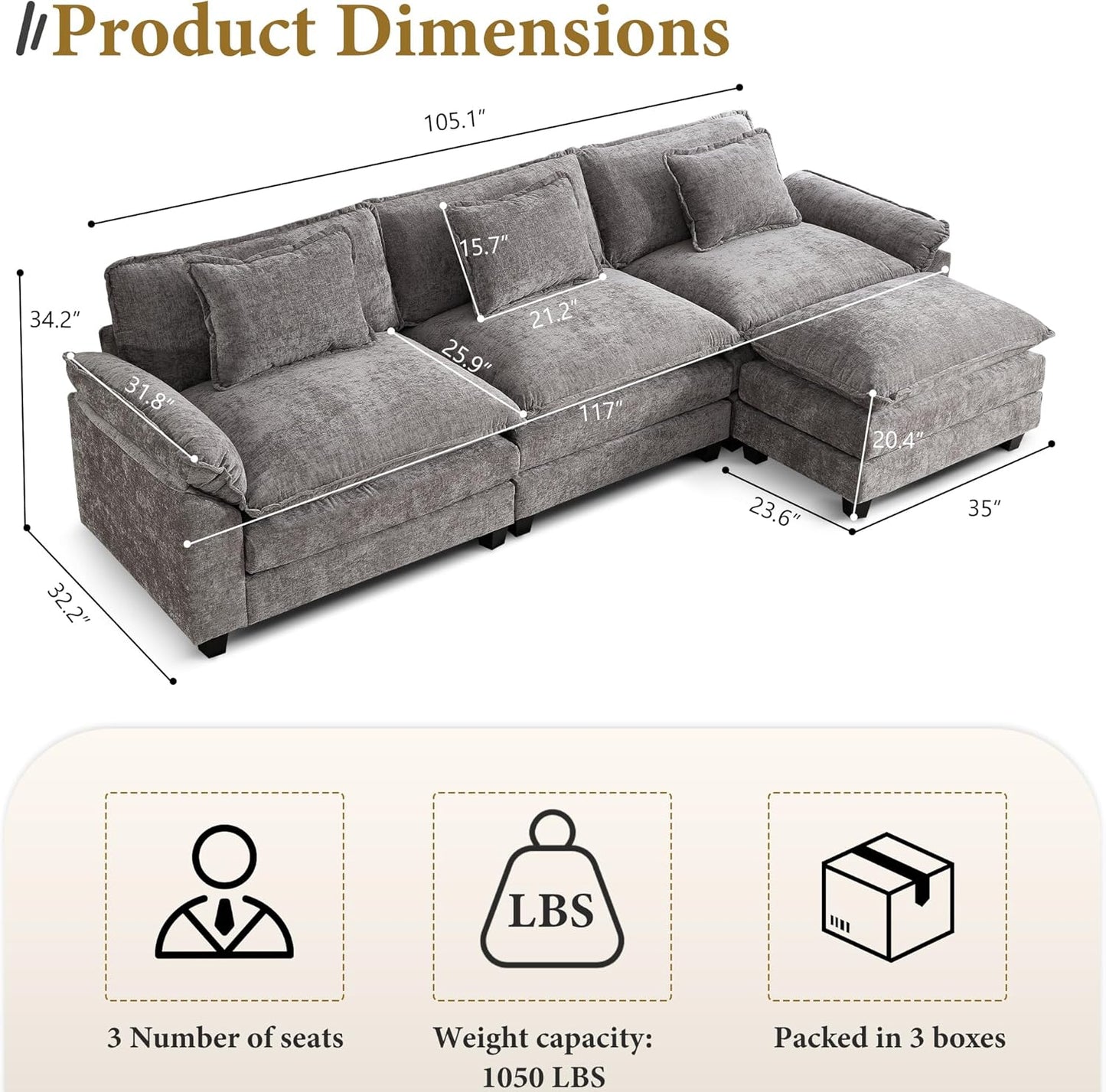 URRED Modular Sectional Sofa Comfy Cloud Couch, Modern Chenille Sofa Sleeper Deep Seat Couches with Ottoman/Pillows for Living Room (Gray, 117''- L Shape)
