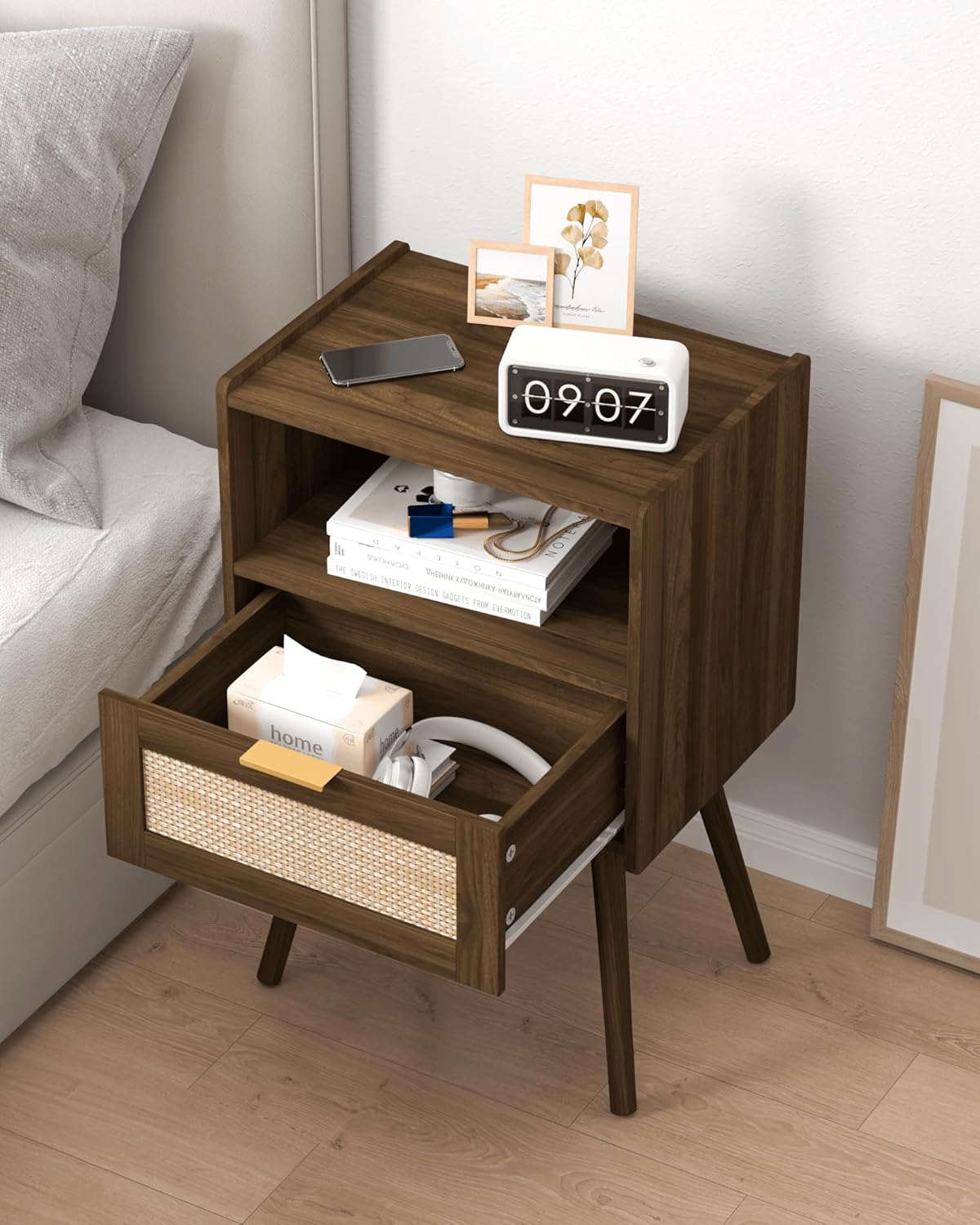 Rattan Nightstand,Modern Bedside Table with Storage Drawer and Open Wood Shelf, for Living Room, Bedroom and Small Spaces, Accent Night Stand with Solid Wood Legs, Easy Assembly,Walnut Brown