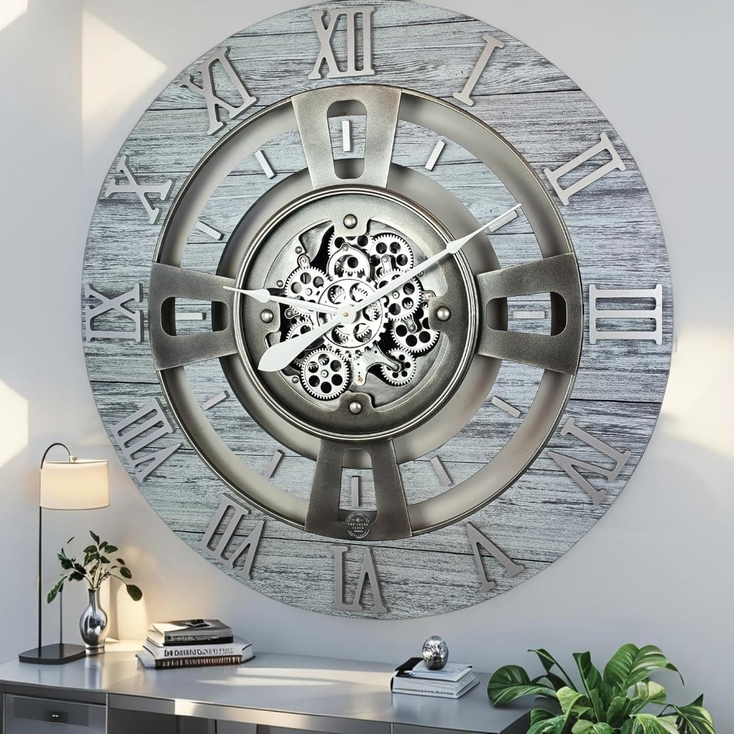 The Gears Clock Real Moving Gear Wall Clock England Line (Silver Grey, 24 inches (60 cm))