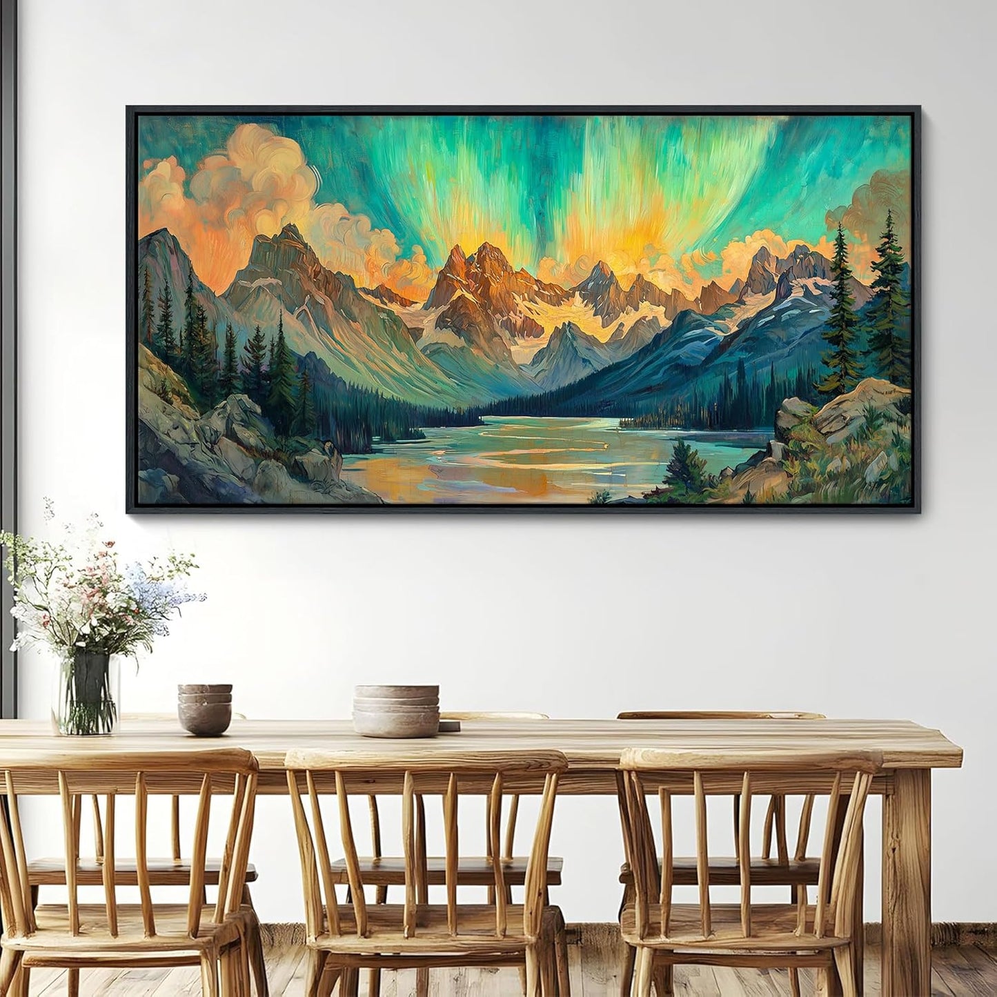 JEAWA Framed Canvas Wall Art - Large Abstract Painting Decor, Textured Mountain Lake Tree Polar Lights Pictures, Modern Art Prints for Bedroom Living Room Bathroom Home Decoration, 29x58 IN