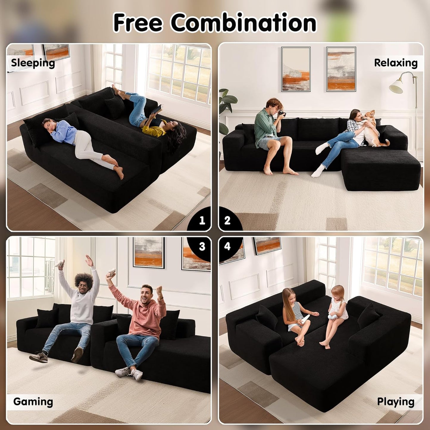 ovios 104" Cloud Sectional Couch with L-Shape Chaise,Modern Modular Sofa with Deep Seat, Upholstered Couches for Living Room Bedroom,No Assembly Required, Black (Corduroy Fabric)