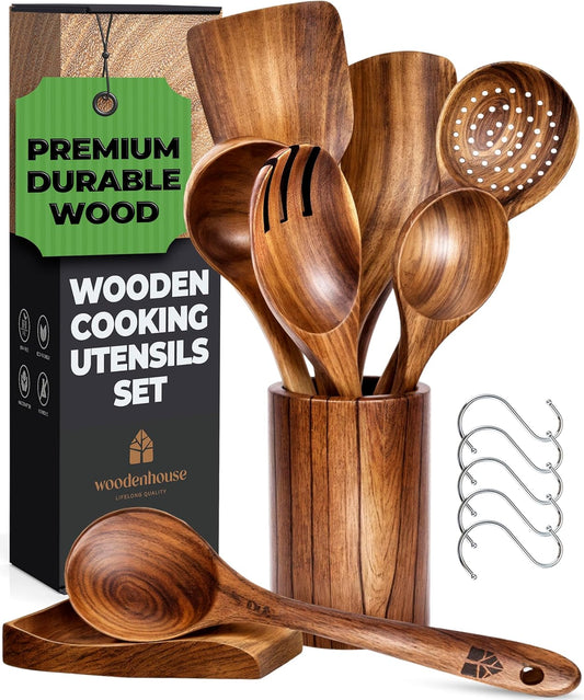 8 Pcs Teak Wooden Utensil Set with Holder, Spoon Rest & 6 Hooks - Durable Wooden Spoons for Cooking with Comfort Grip - Effortless Clean, Non-Stick Friendly