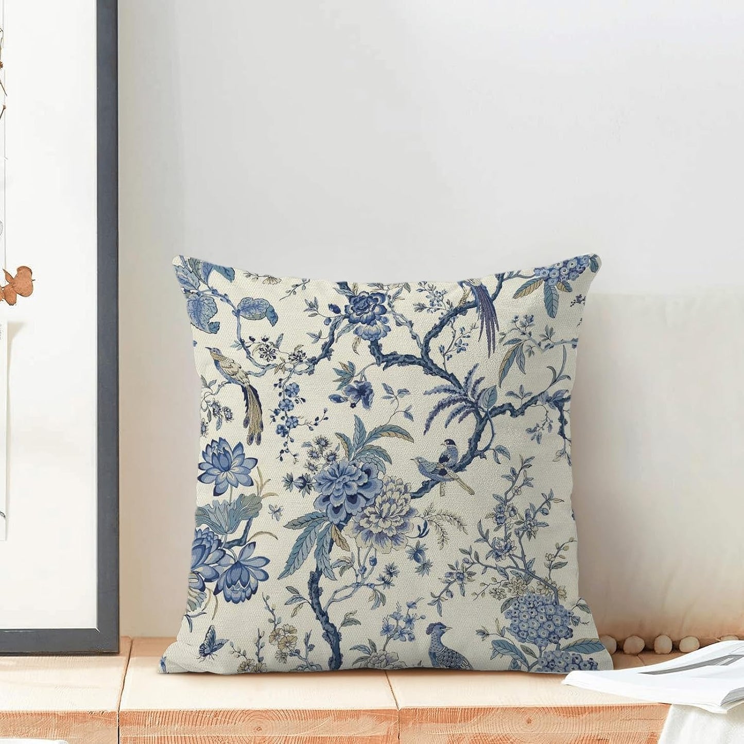 CXMEIFLY Spring Floral Birds Pillow Covers 16 x 16 Inch Set of 2 for Chinoiserie Flowers Decor Throw Pillows Blue and White Plant Outdoor Decorative Cushion Cases for Couch Bed Decorations