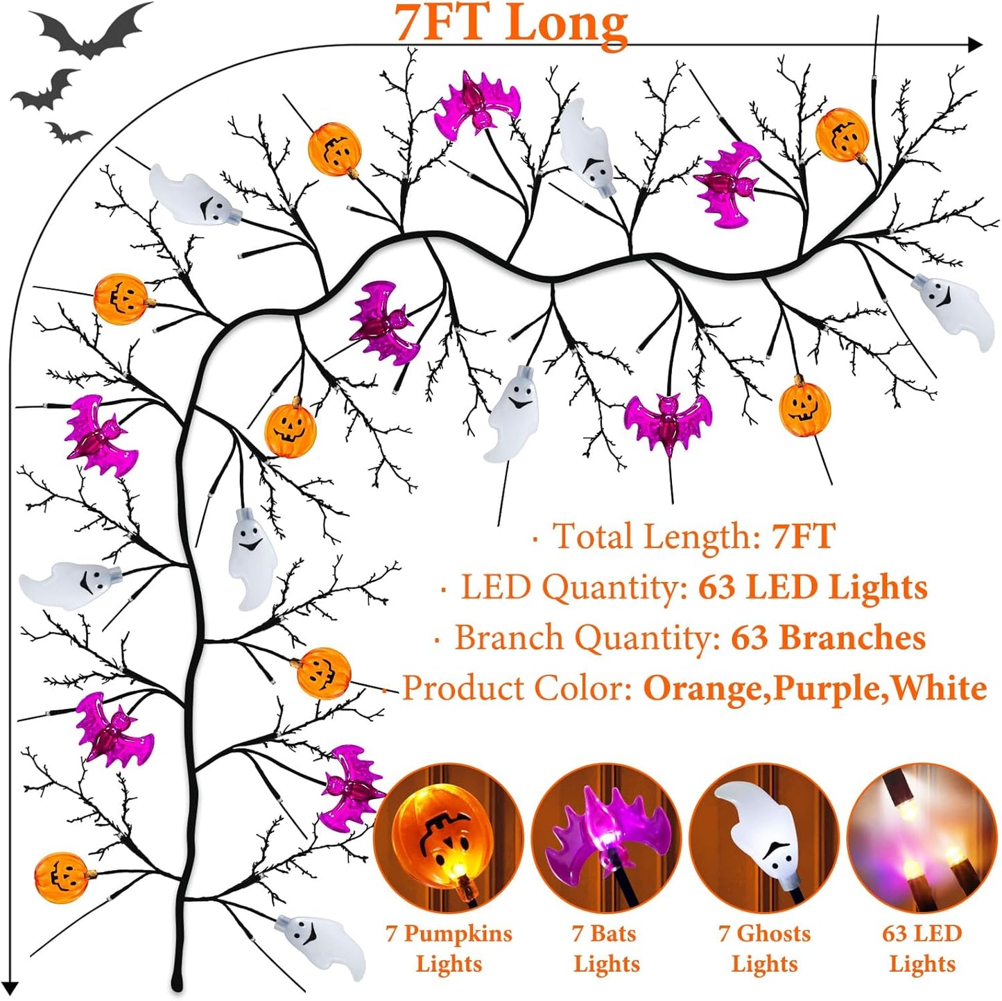 7 Ft 63 LED Halloween Willow Vine Twig Garland with 8 Modes Timer Orange Purple White Lights,7 Pumpkin Bat Ghost, Garland with Battery Operated for Wall Fireplace Halloween Decorations