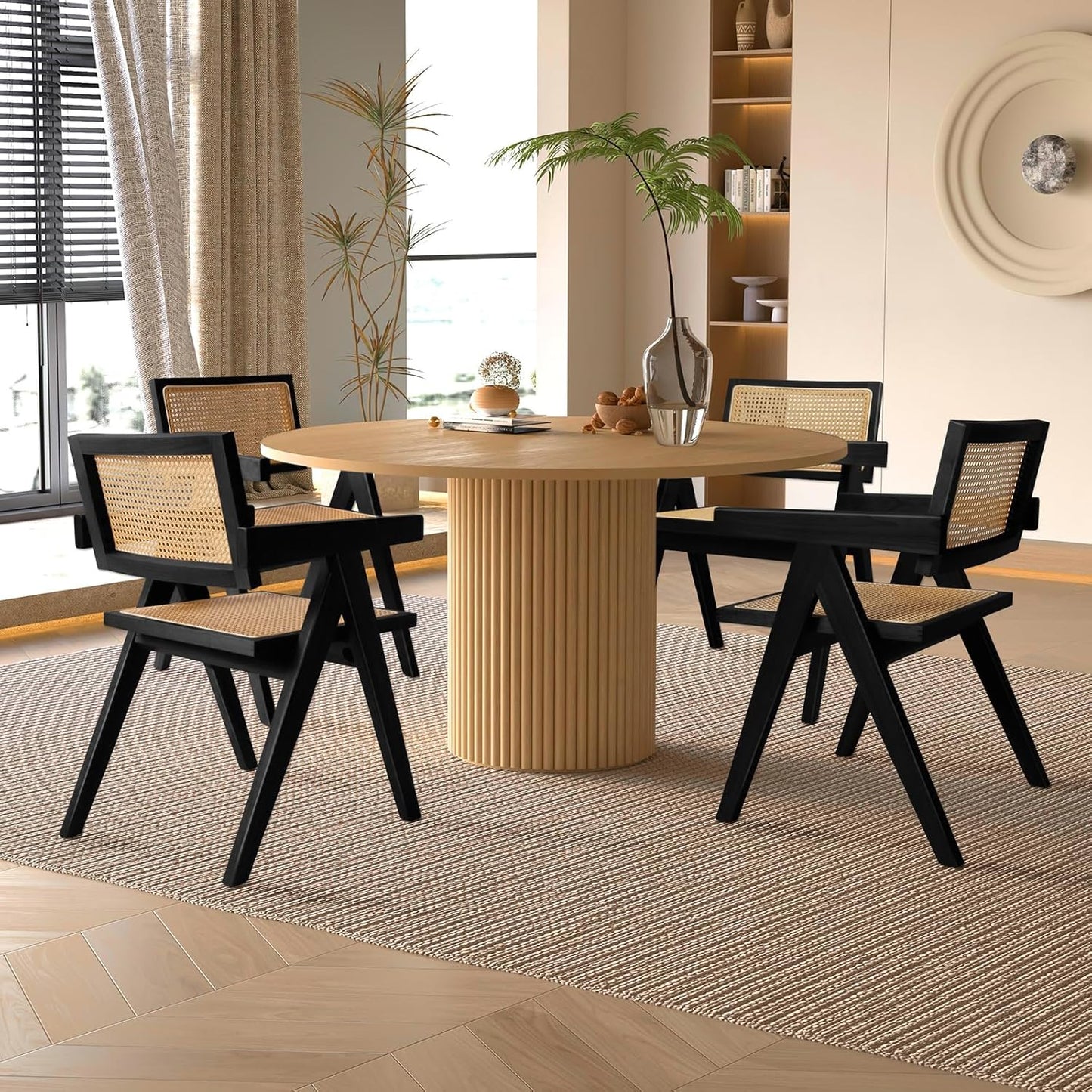 Cane Dining Chairs Set of 4, Rattan Kitchen Chairs Black for Dining Room with Armrest