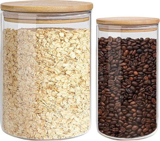 Glass Storage Jars Set Elegant Containers with Airtight Bamboo Lids, Perfect for Kitchen Organization - Flour, Rice, Pasta, Sugar, Coffee Beans, Accessories Included (2 packs(37oz / 110oz))