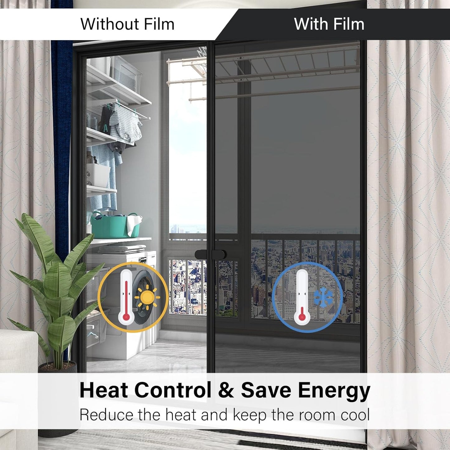 Kromapolis One Way Window Privacy Film Reflective Mirror Home Window Tint, Daytime Privacy Heat Control Anti UV Glass Tinting Static Cling (Black-Silver, 17.5 x 157.4 inch)