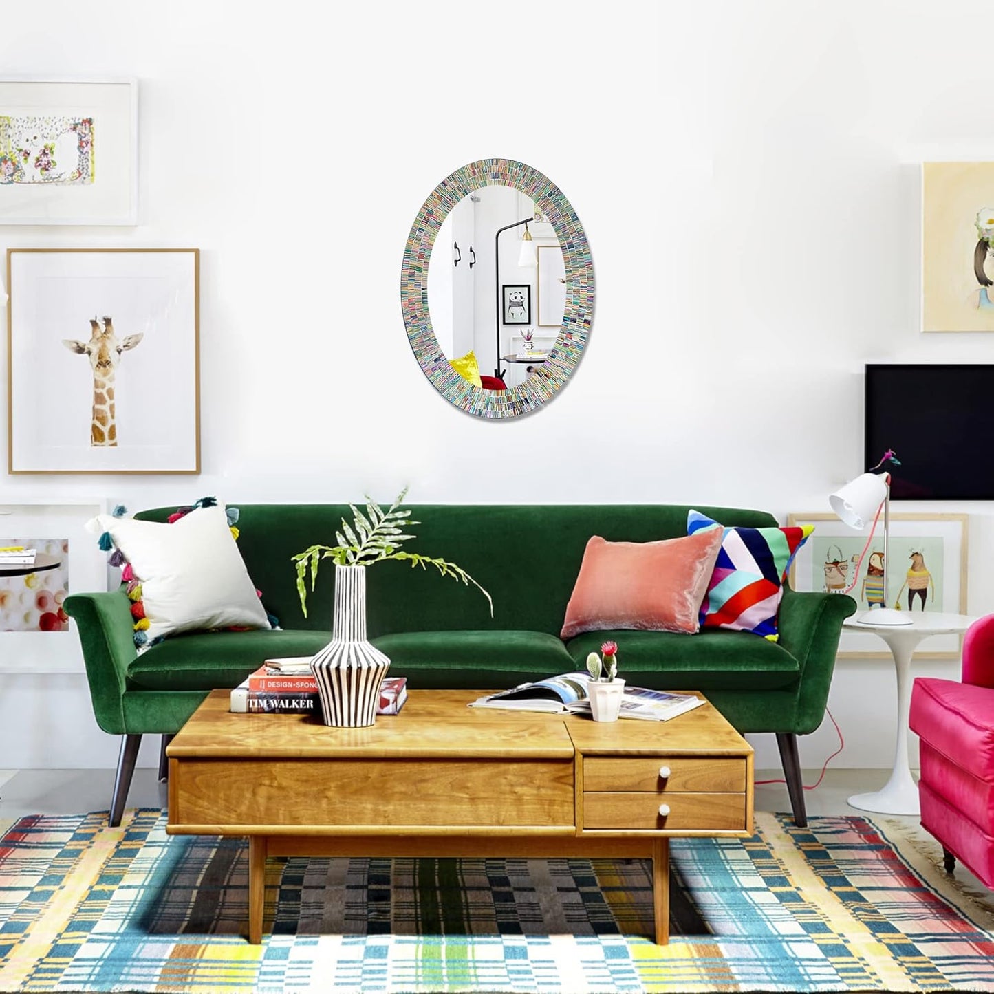 Bohemian Rainbow Wall Mirror -Glass Mosaic Decorative Wall Mirror, Multi Color Spectrum Wall Mountable, Oval Multi-Color Framed Mirror (32 in. x 24 in.)