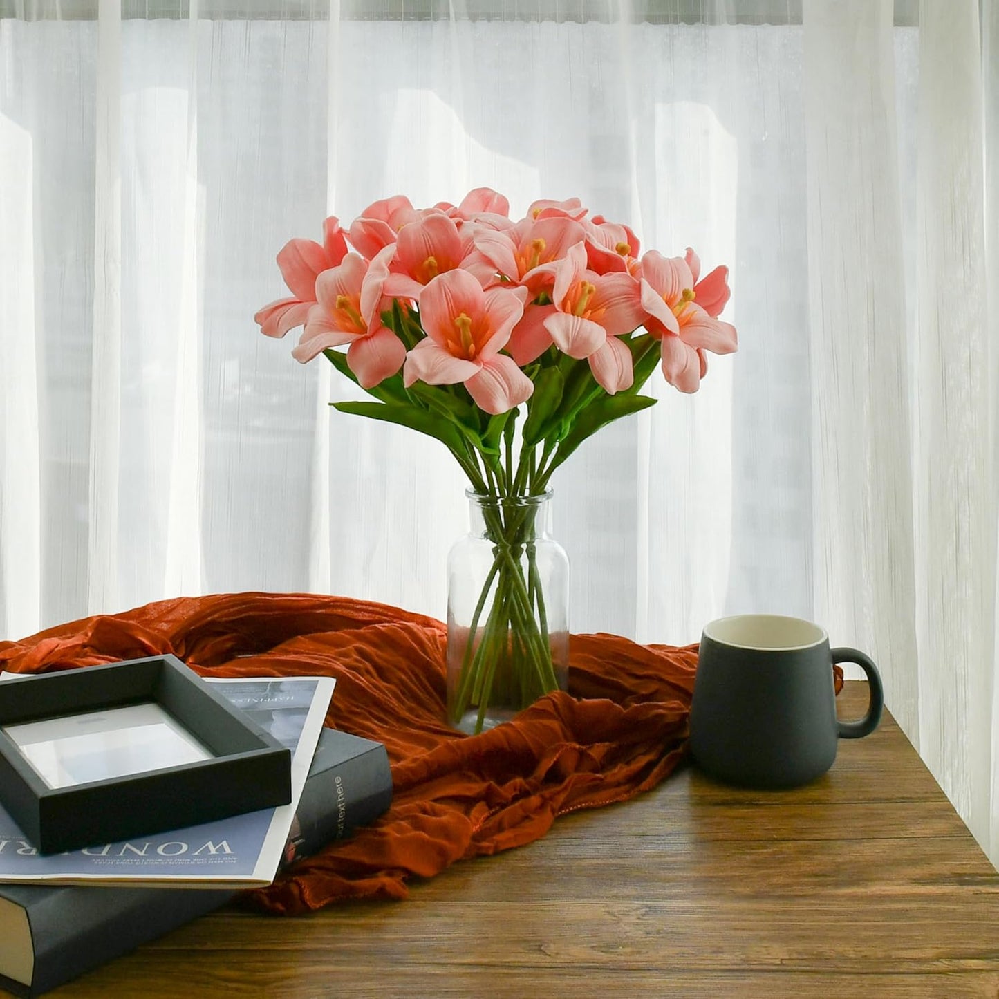 Mandy's Artificial Tulips 12 Stems Pink Fully Bloomed PU Faux Flowers for Wedding Home Decor 13.5 Inch