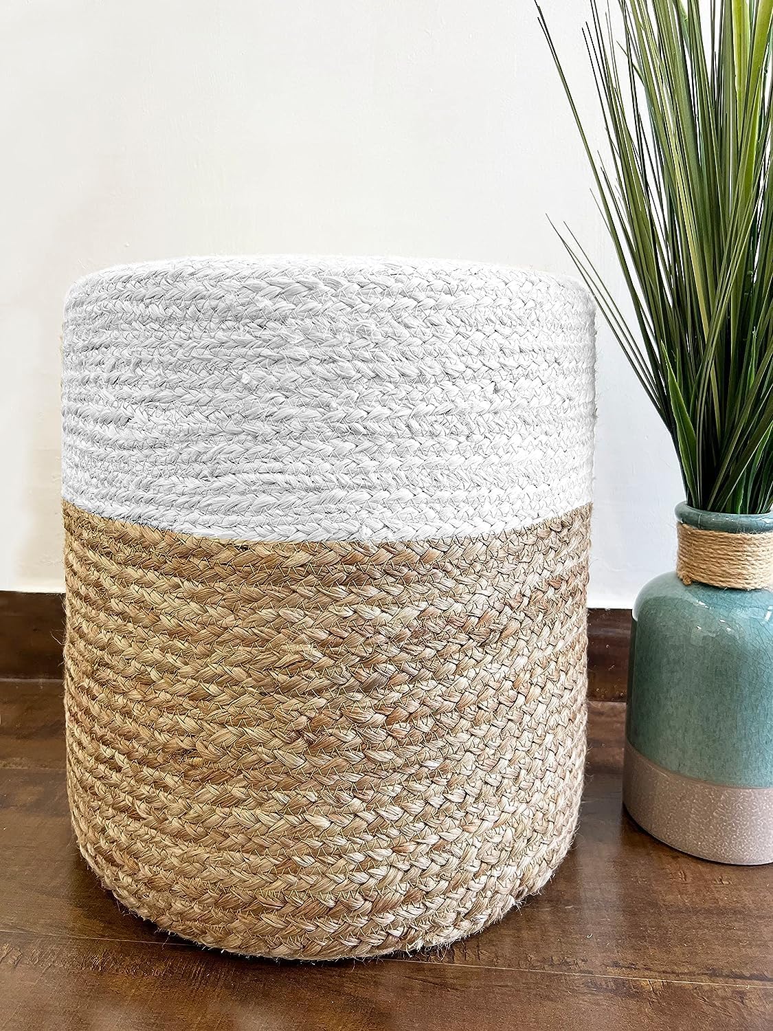 Jute Pouf Ottoman | Footrest Pouf | Hand Braided - Round Boho Pouffe - for Living Room, Bedroom, Nursery (16"x16"x16") Ivory