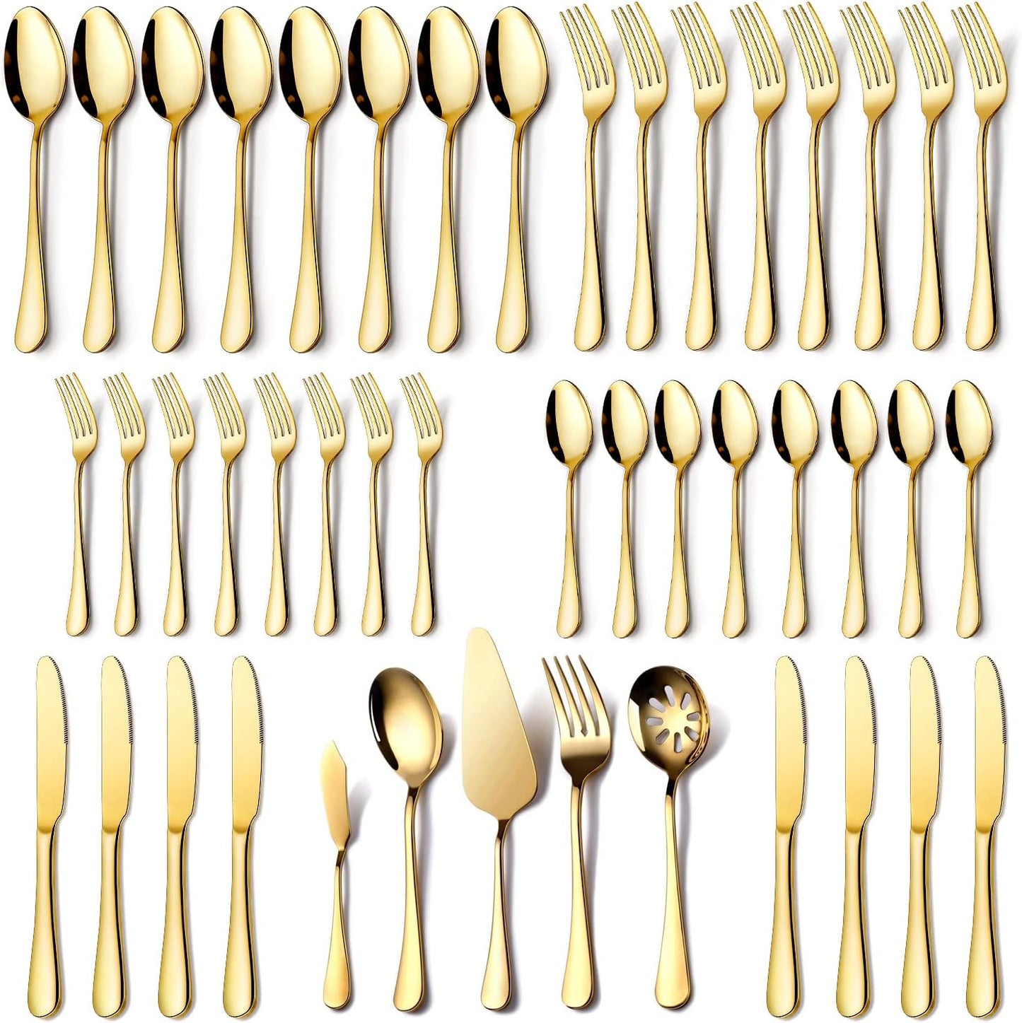 Gold Silverware Set for 8, OGORI 45-Piece Stainless Steel Flatware Set with Serving Set, Mirror Polished Cutlery Set with Serving Utensils Spoon for Kitchen Party Supply