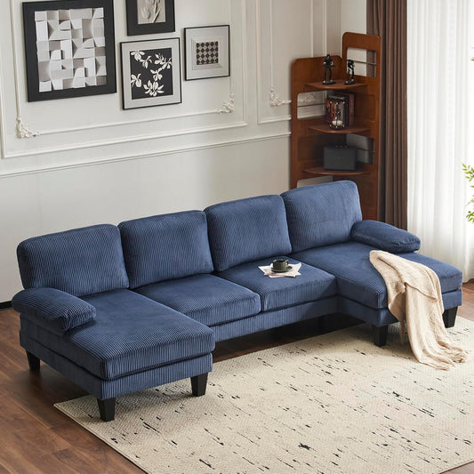 Karl home U-Shape Sectional Sofa Couch 111" Modern 4-Seat Sofa with Chaises Corduroy Fabric Upholstered Covertible Couch with Wood Grain Legs for Living Room, Reception Room, Apartment, Navy Blue