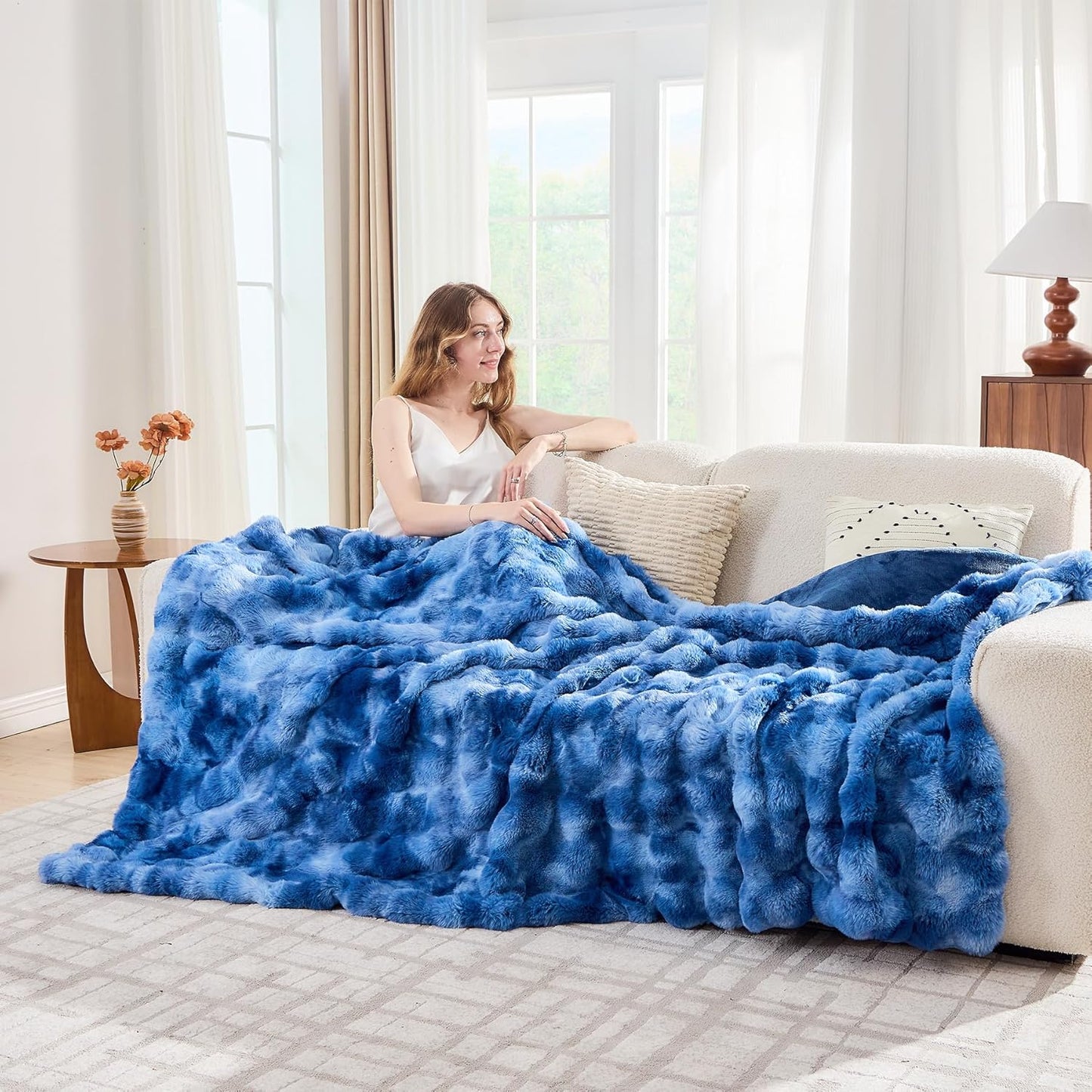 Lotus Karen Faux Fur Throw Blanket Tie-Dye Blue - Big Bubble Rabbit Fluff Blanket for Couch, Large Fluffy Fuzzy Cozy Blanket,Thick Furry Plush Shaggy Blankets,108x90 Inches