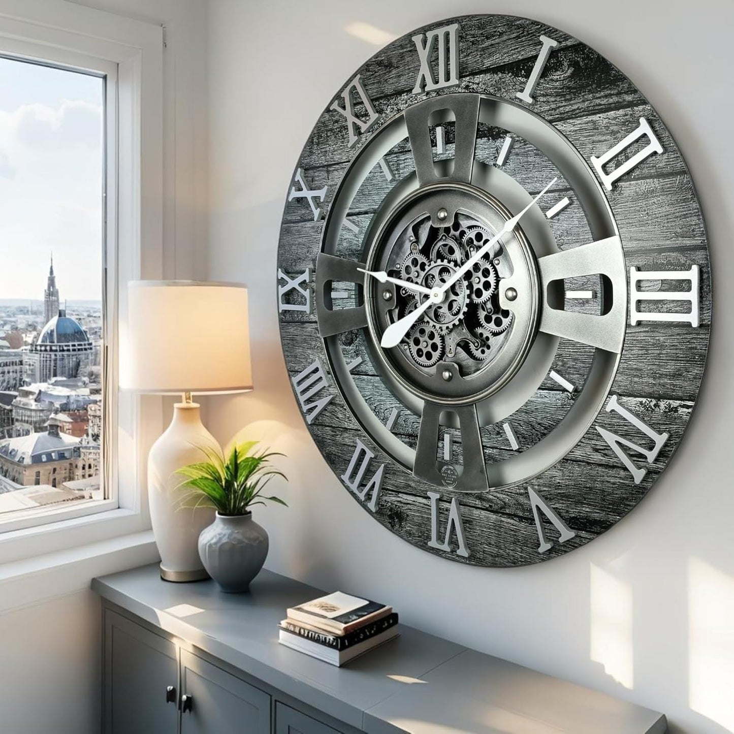 The Gears Clock Real Moving Gear Wall Clock England Line (Carbon Grey, 36 inches (90 cm))