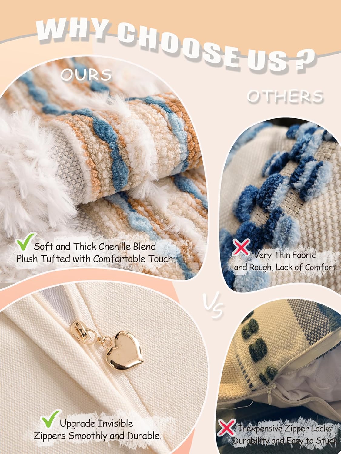 Boho Chenille Tufted Couch Throw Pillow Covers 18x18 Inch Set of 2 Farmhouse Striped Decorative Pillow Covers Accent Neutral Pillowcase Caramel Brown Blue Cushion Cover for Livingroom Sofa Bed