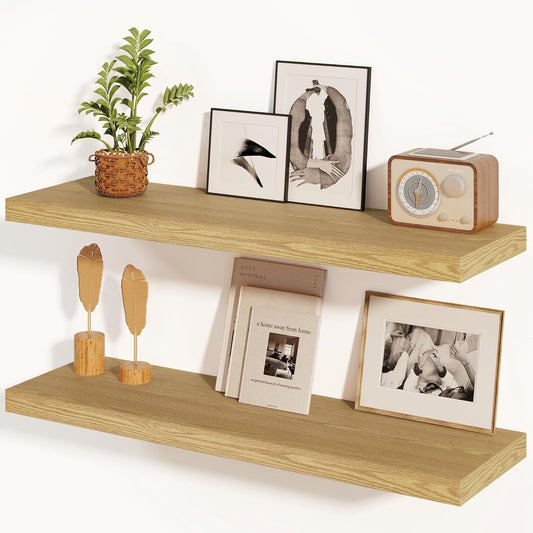 Fun Memories Floating Shelves 36 Inch Long, Deep Floating Shelf for Wall, 36 x 8 Floating Shelves Set of 2, 8 Inch Deep Wall Shelf for Living Room, Kitchen, Bedroom, Large Storage Shelves, Oak Color