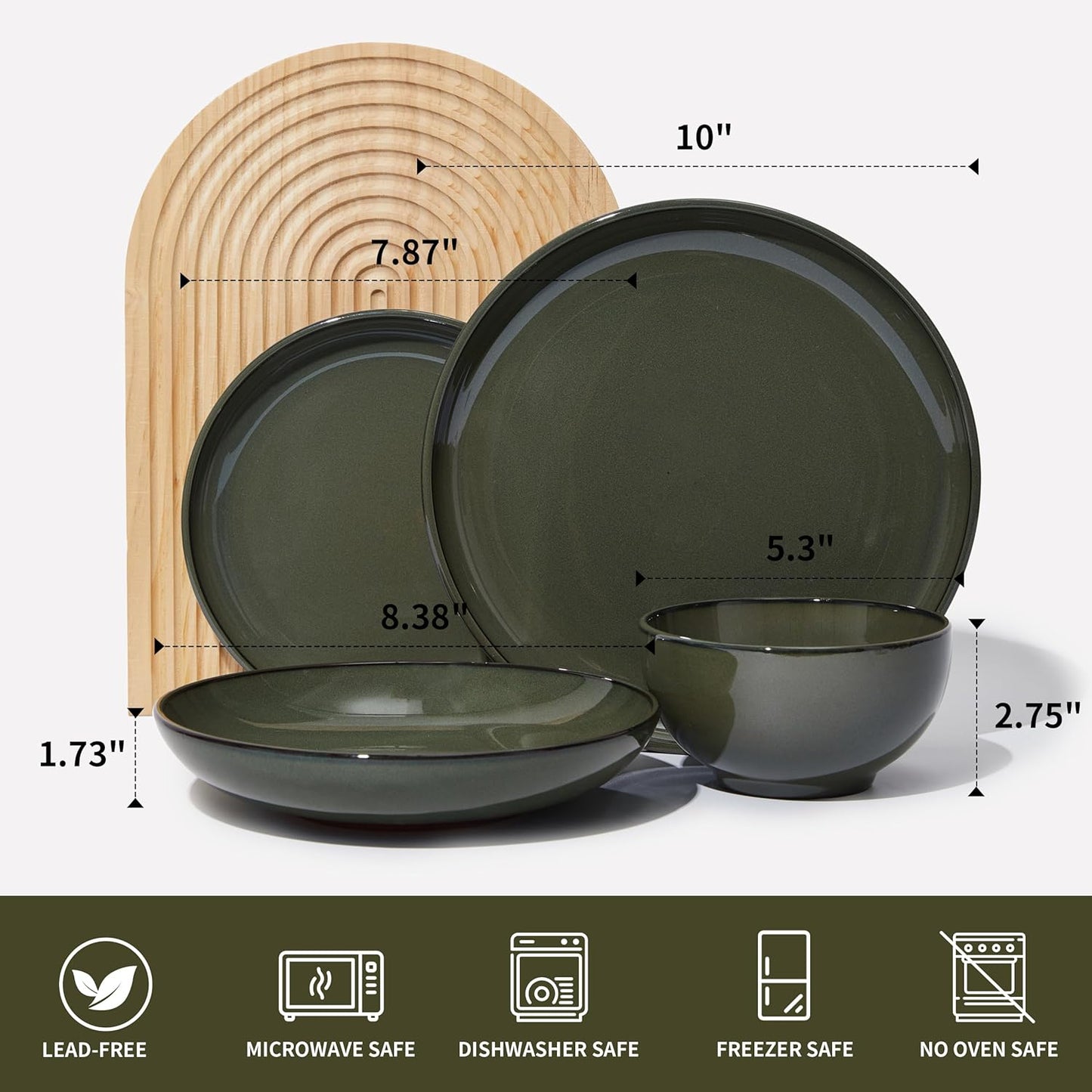 16 Piece Double Bowl Dinnerware Sets with Pasta Bowls, Highly Chip and Crack Resistant Plates and Bowls Sets, Natural Earthyware Ceramic Dishware Sets, Service for 4 Blackish Green