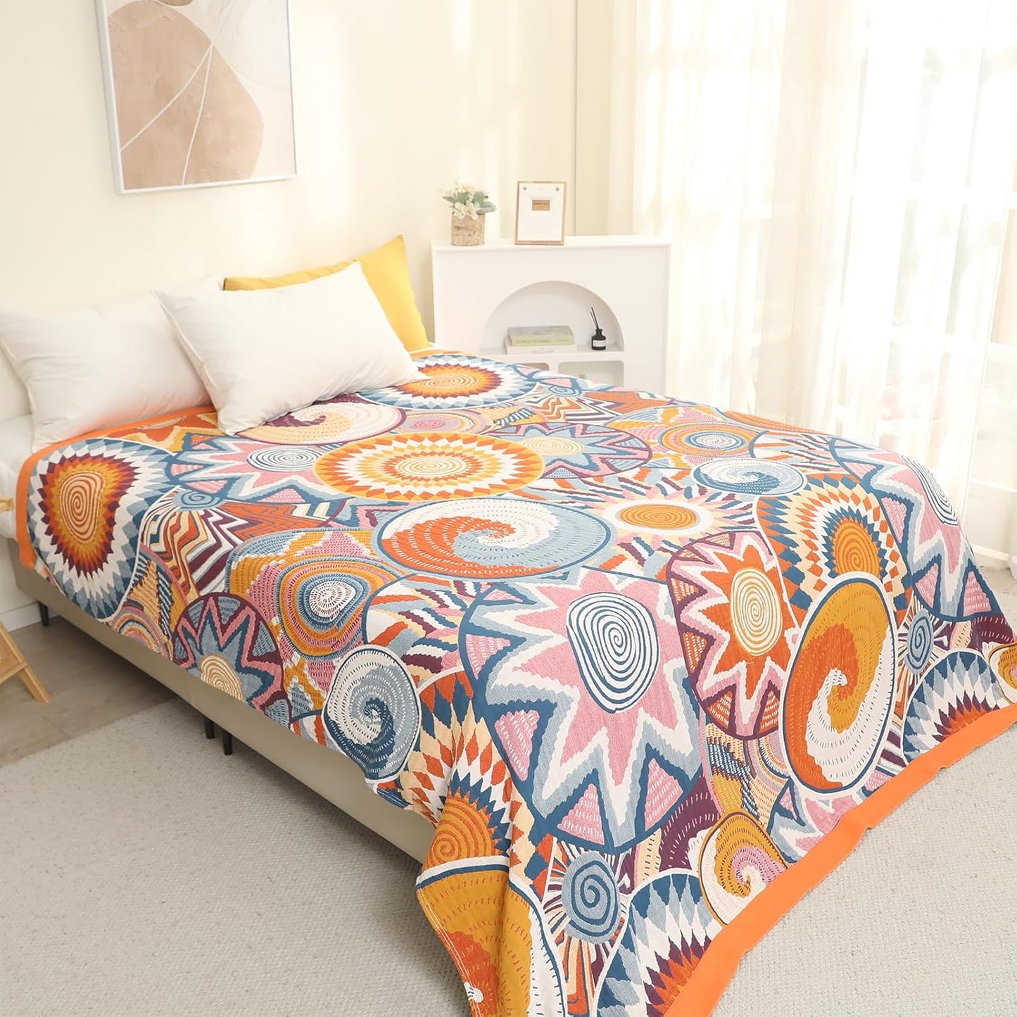 Snycler Boho Throw Blanket for Bed - 100% Cotton Ultra Soft Rustic Quilt Fall Blanket - Orange Floral Printed Farmhouse Decor Bed Blankets, 60"×80" All Season Rustic Throw for Sofa Couch Chair