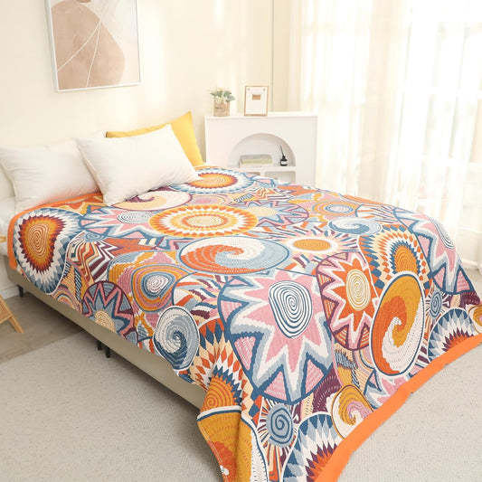 Snycler Boho Throw Blanket for Bed - 100% Cotton Ultra Soft Rustic Quilt Fall Blanket - Orange Floral Printed Farmhouse Decor Bed Blankets, 60"×80" All Season Rustic Throw for Sofa Couch Chair
