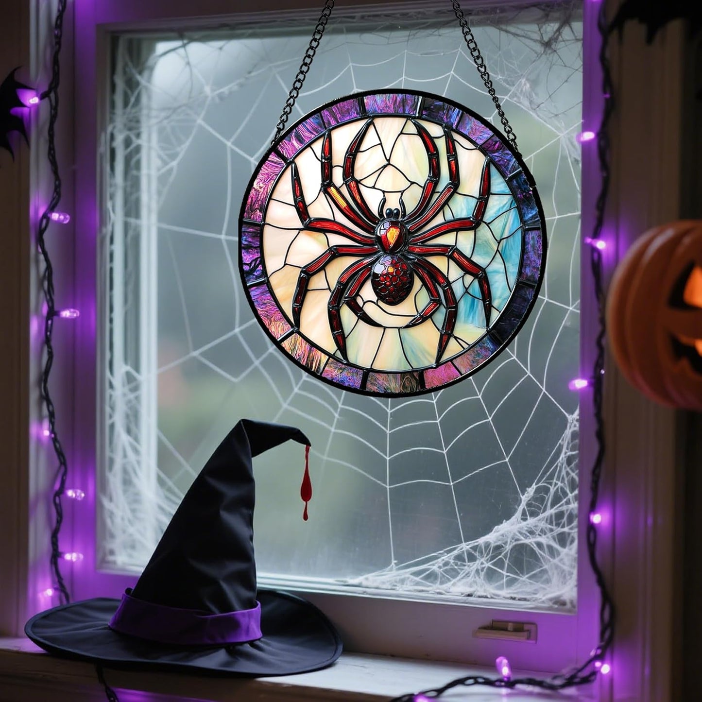 Stained Glass Window Hanging - Halloween Decorations Red Spider Goth Suncatcher for Doors Garden Indoor Funny Spooky Sun Catchers Gothic Decor Horror Gifts for Women Men Friend 9.8 in