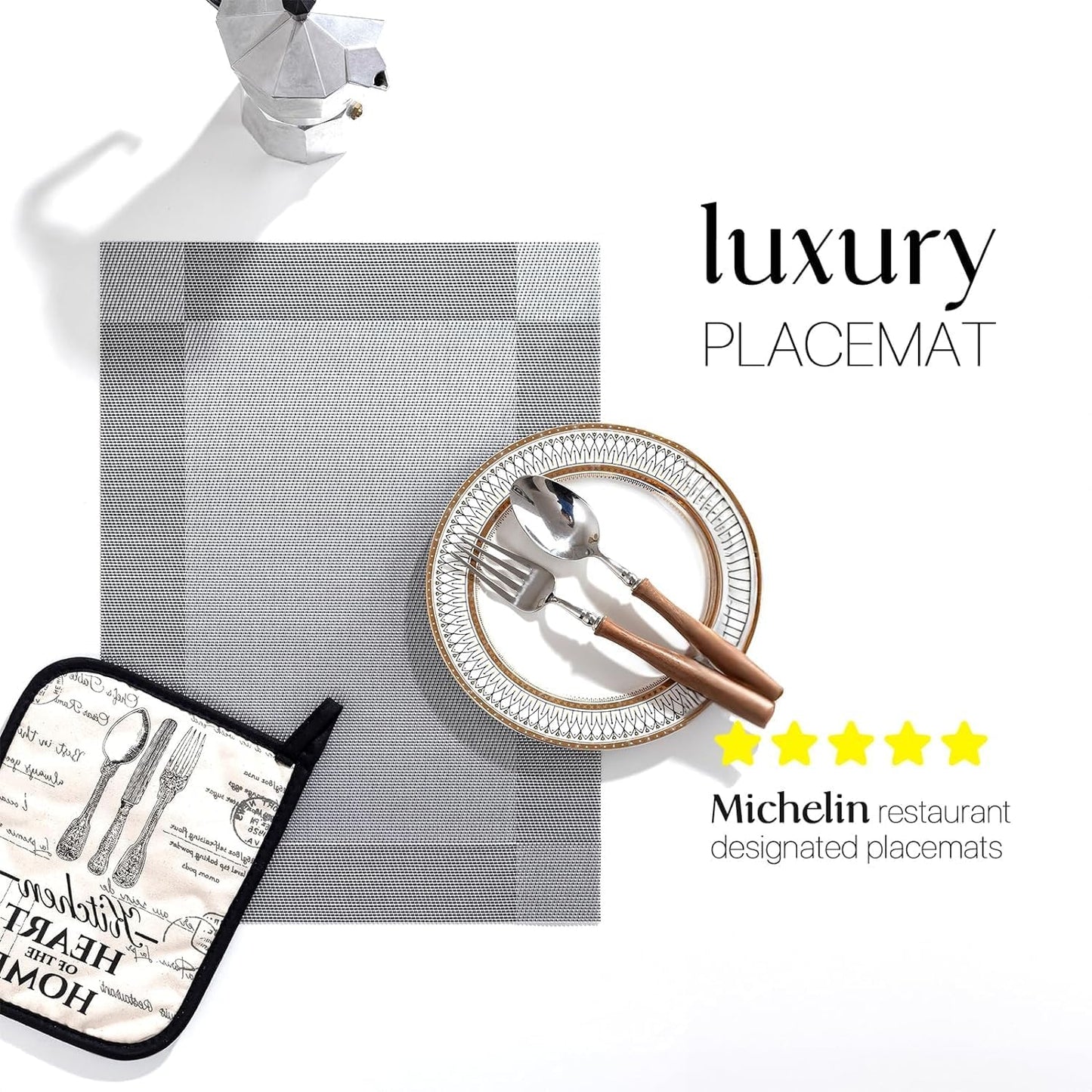 LEXMORE PlaceMats Set of 12 Vinyl/Plastic Woven Place Mats for Kitchen Table Indoor/Outdoor Washable PlaceMat Wipeable Dining Table Mats(Silver Cube)