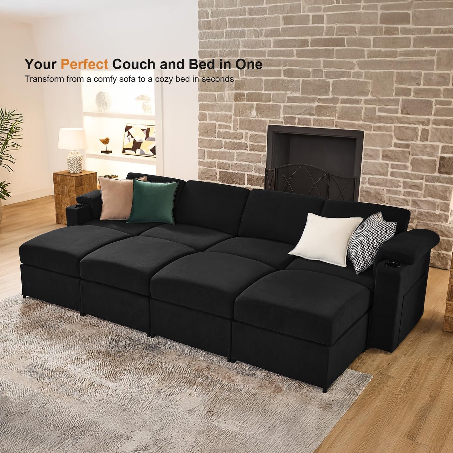 Modular Sectional Sofa Couch for Living Room Velvet Cloud Couches Oversized U Shaped Sectional Couch Convertible Sleeper Sofa Chaise Padded Armrests Cup Holder (Black, 8 Seats)