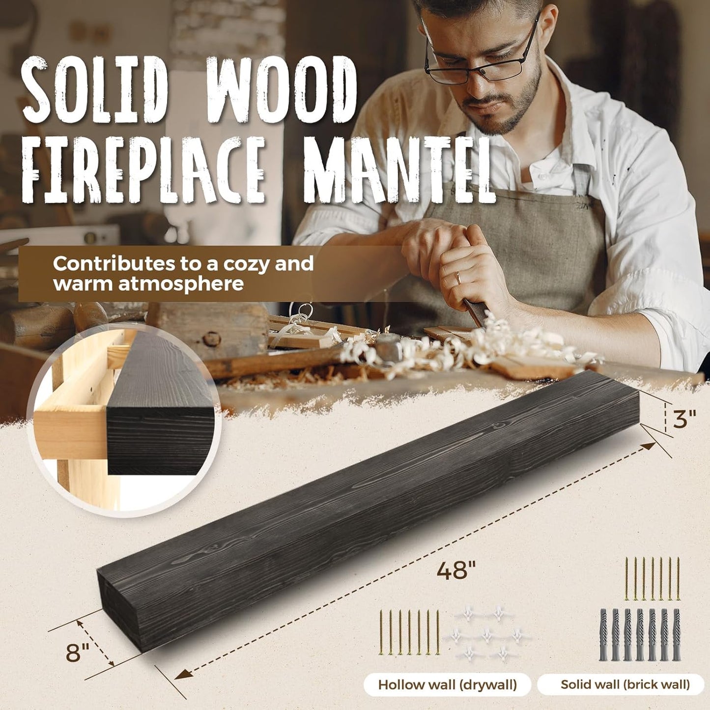 48x8x3 Fireplace Mantel - Handcrafted Hollow Rustic Solid Wood Wall Mounted Floating Shelf with Invisible Heavy Duty Wood Bracket (Weathered Black)